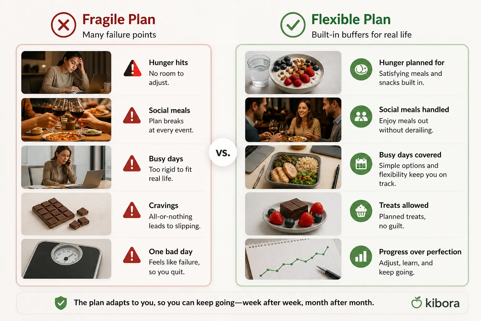 Comparison graphic showing a fragile diet plan versus a flexible plan with meals, treats, and progress.