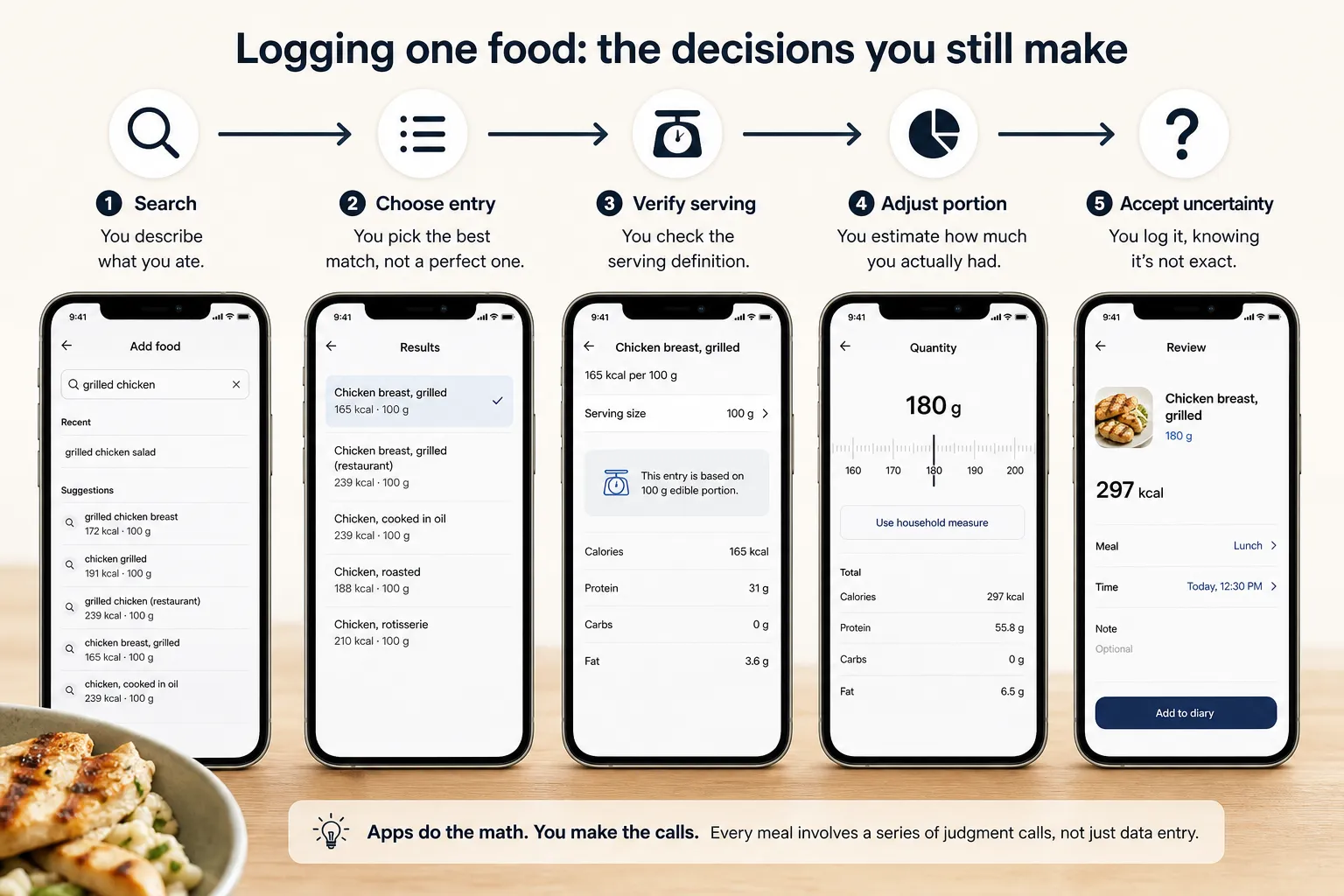 Five smartphone screens show steps for logging grilled chicken in a calorie app.