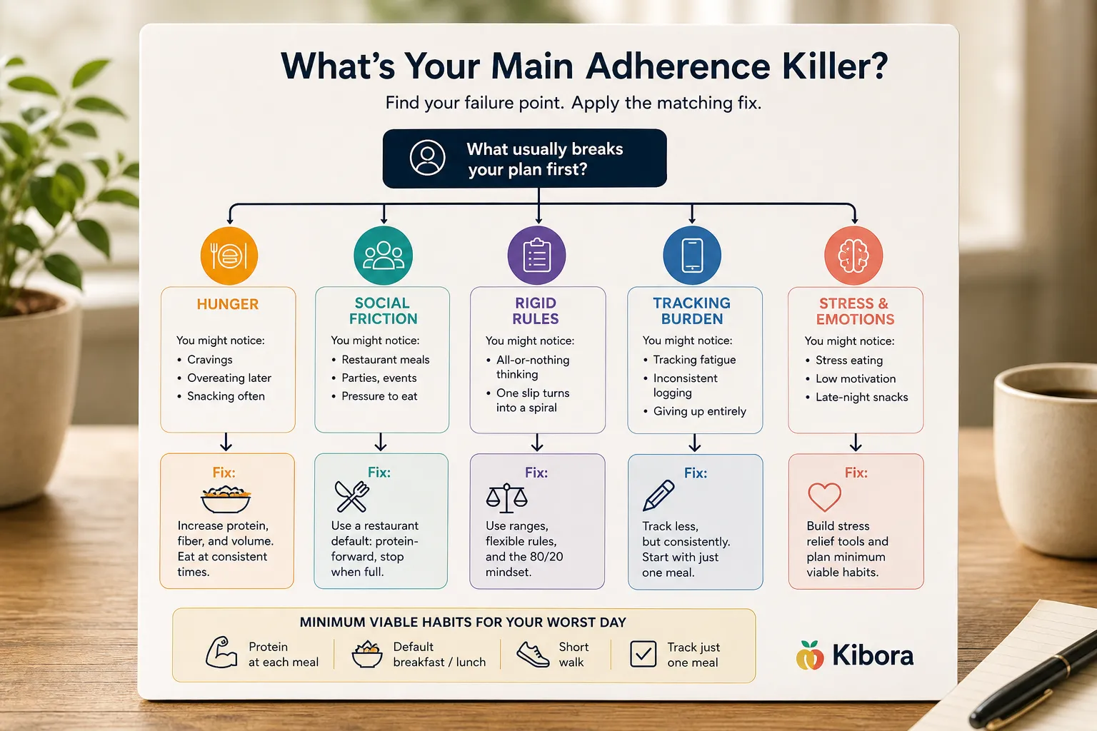 Flowchart titled “What’s Your Main Adherence Killer?” with five diet problem categories and fixes.