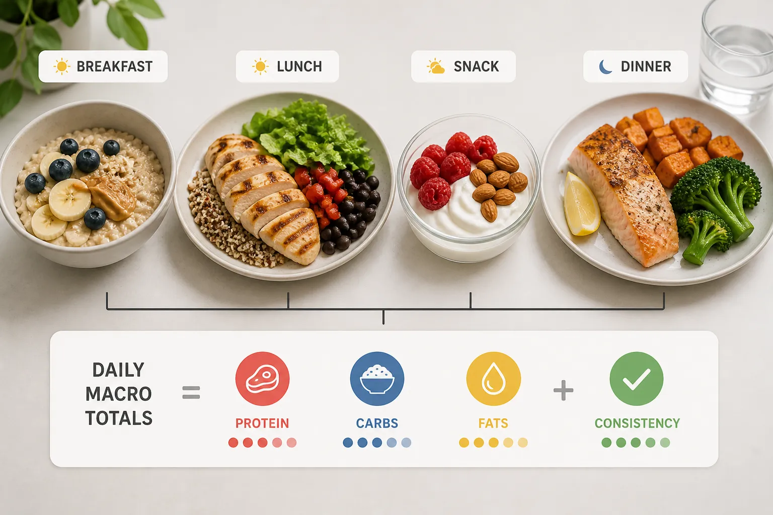 Daily meal plan and macro totals chart Four meals labeled breakfast, lunch, snack, and dinner above a daily macro totals chart.