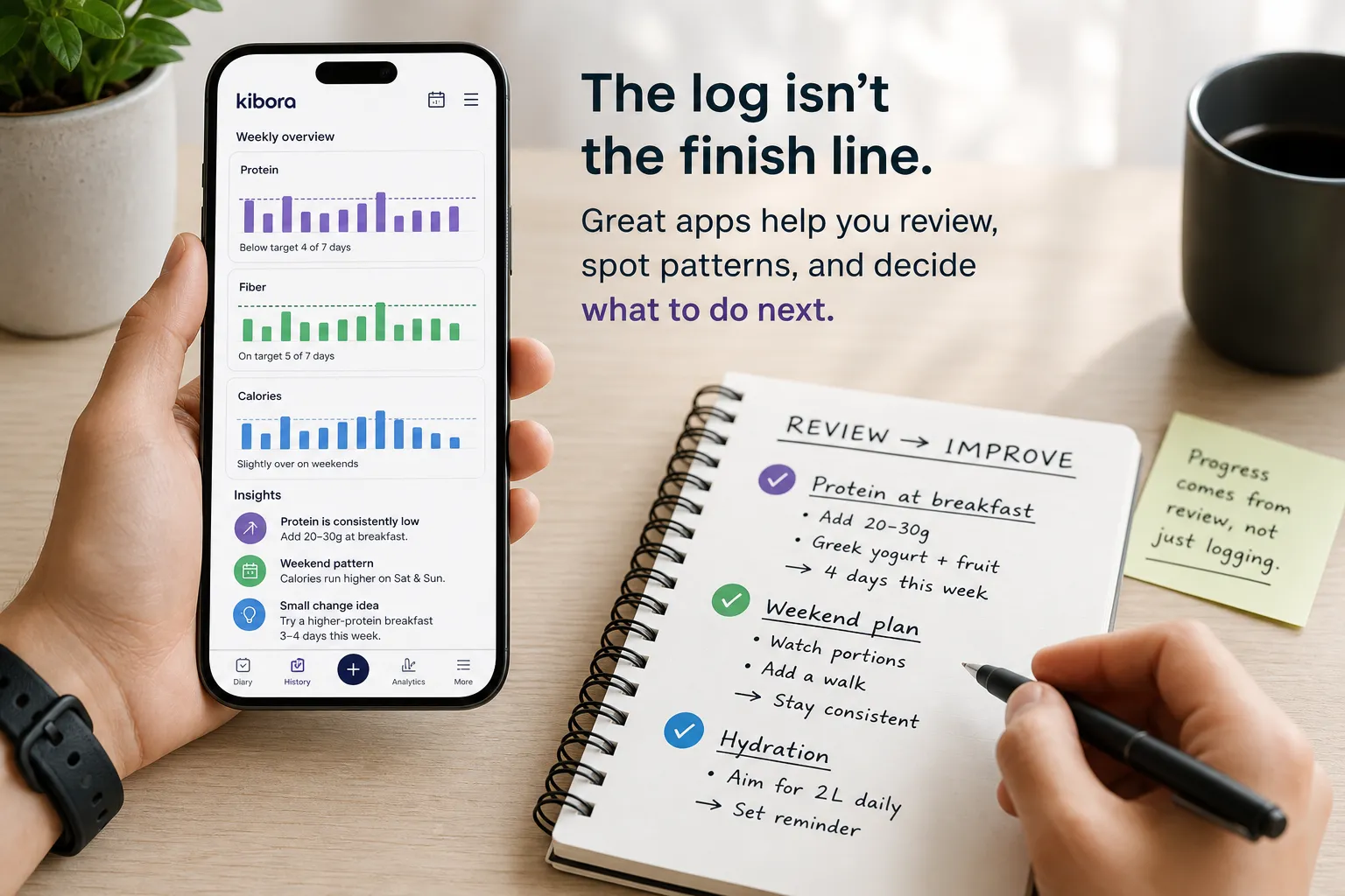Hand holding a phone showing nutrition charts next to a notebook with meal review notes.