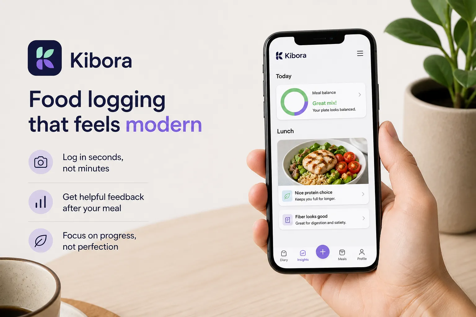 Hand holds a phone showing the Kibora app with meal balance feedback and a lunch entry.