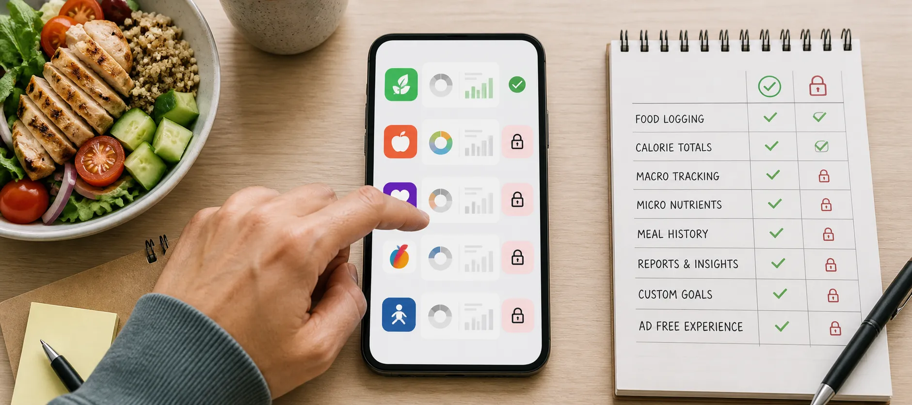 Hand pointing at a phone showing calorie tracker app icons beside a checklist notebook.