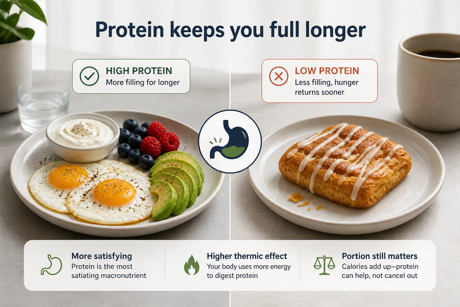 High-protein breakfast vs pastry infographic Infographic comparing a high-protein breakfast with eggs, yogurt, fruit, and avocado to a pastry with coffee.