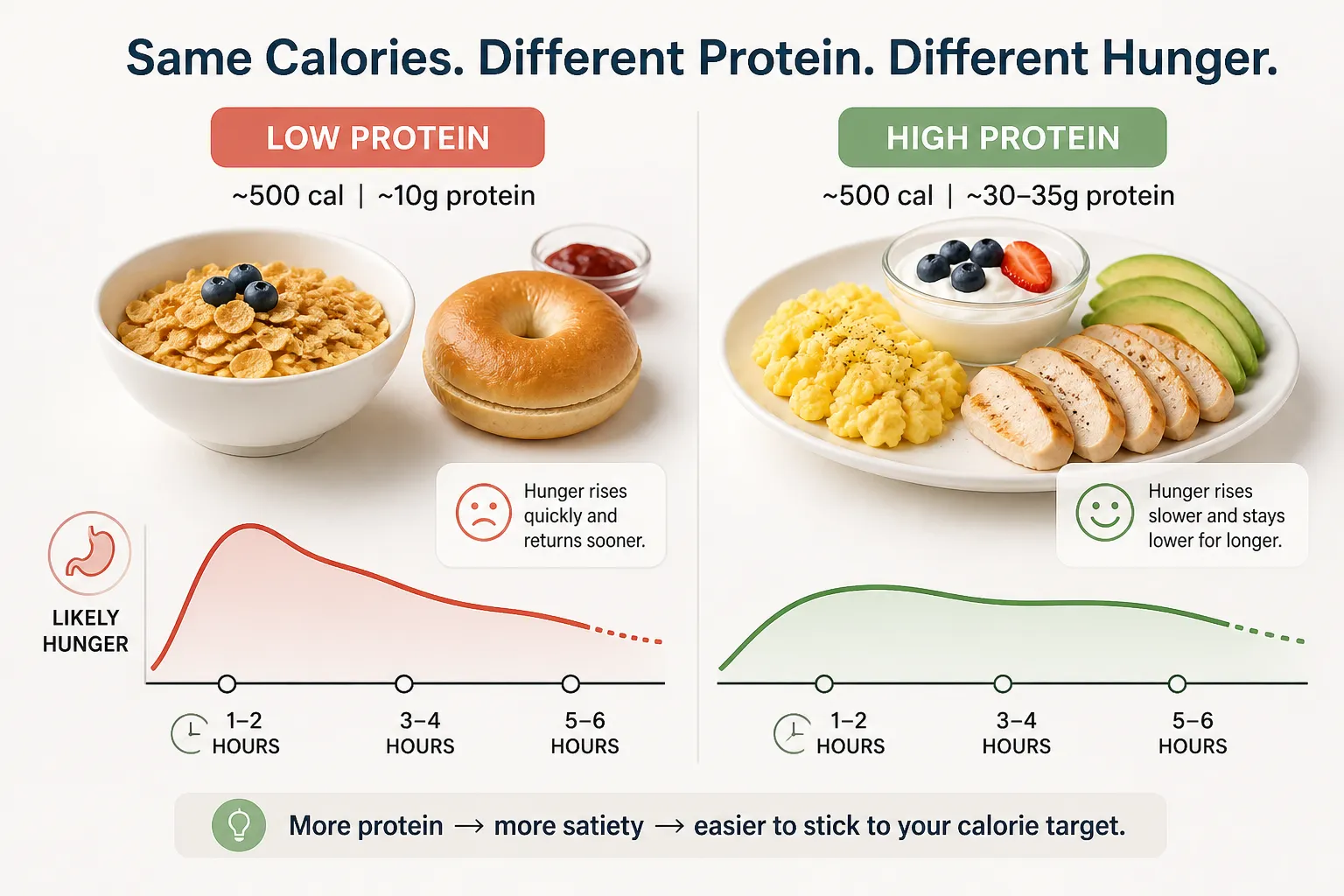 Infographic comparing low- and high-protein meals with hunger curves over time.