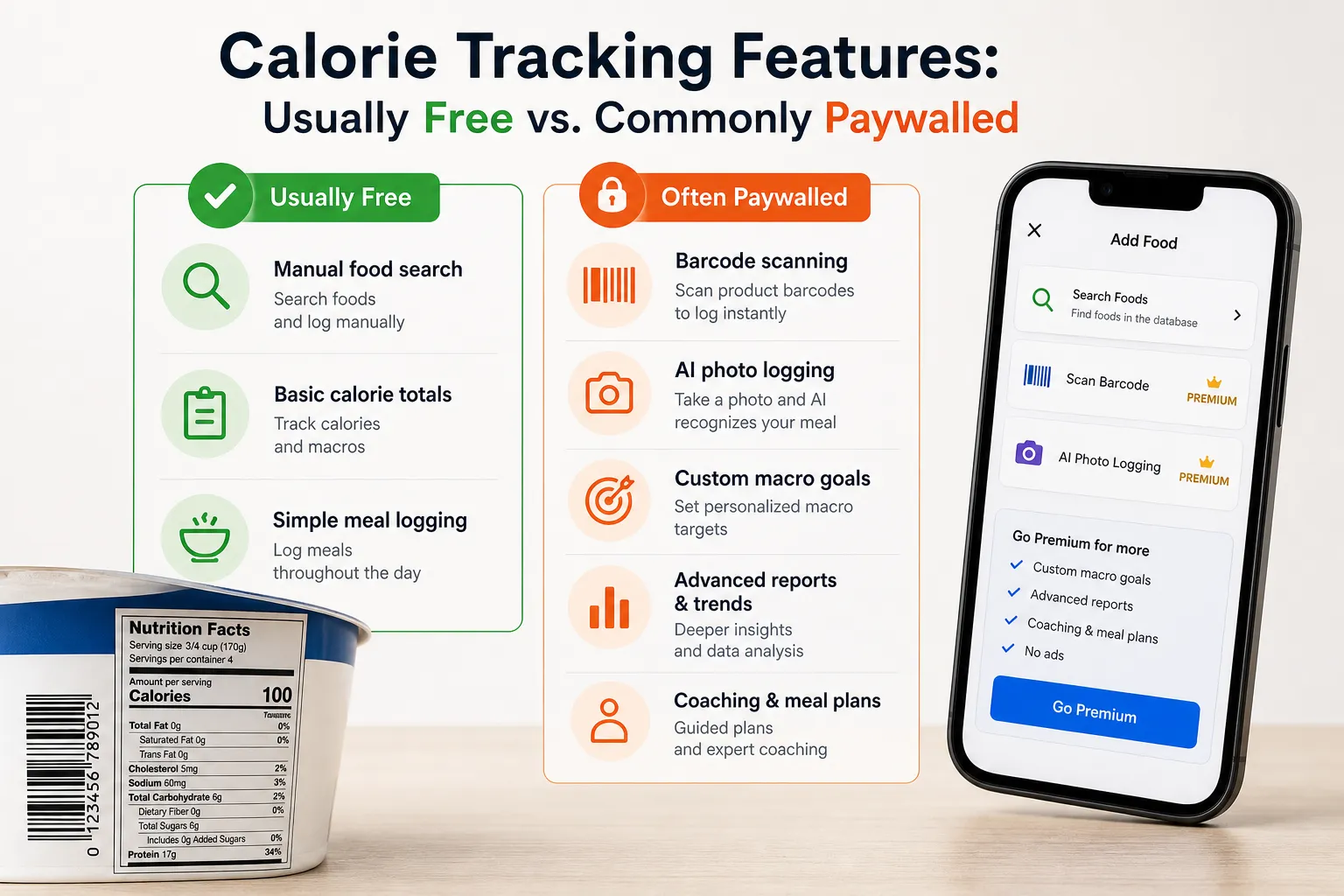 Infographic comparing usually free and often paywalled calorie tracking features beside a phone app screen and food label.