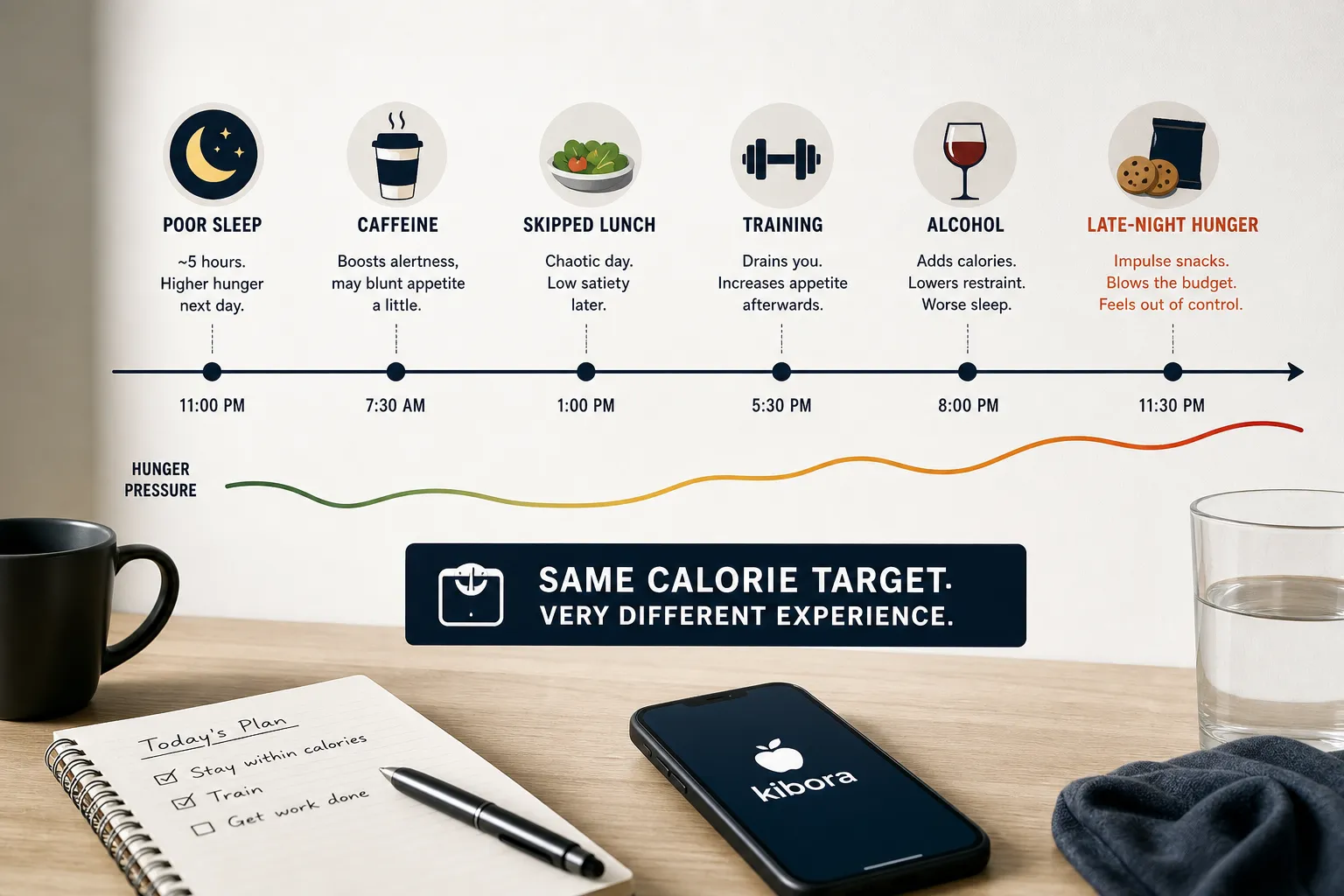 Infographic showing a day timeline with icons for poor sleep, caffeine, skipped lunch, training, alcohol, and late-night hunger.