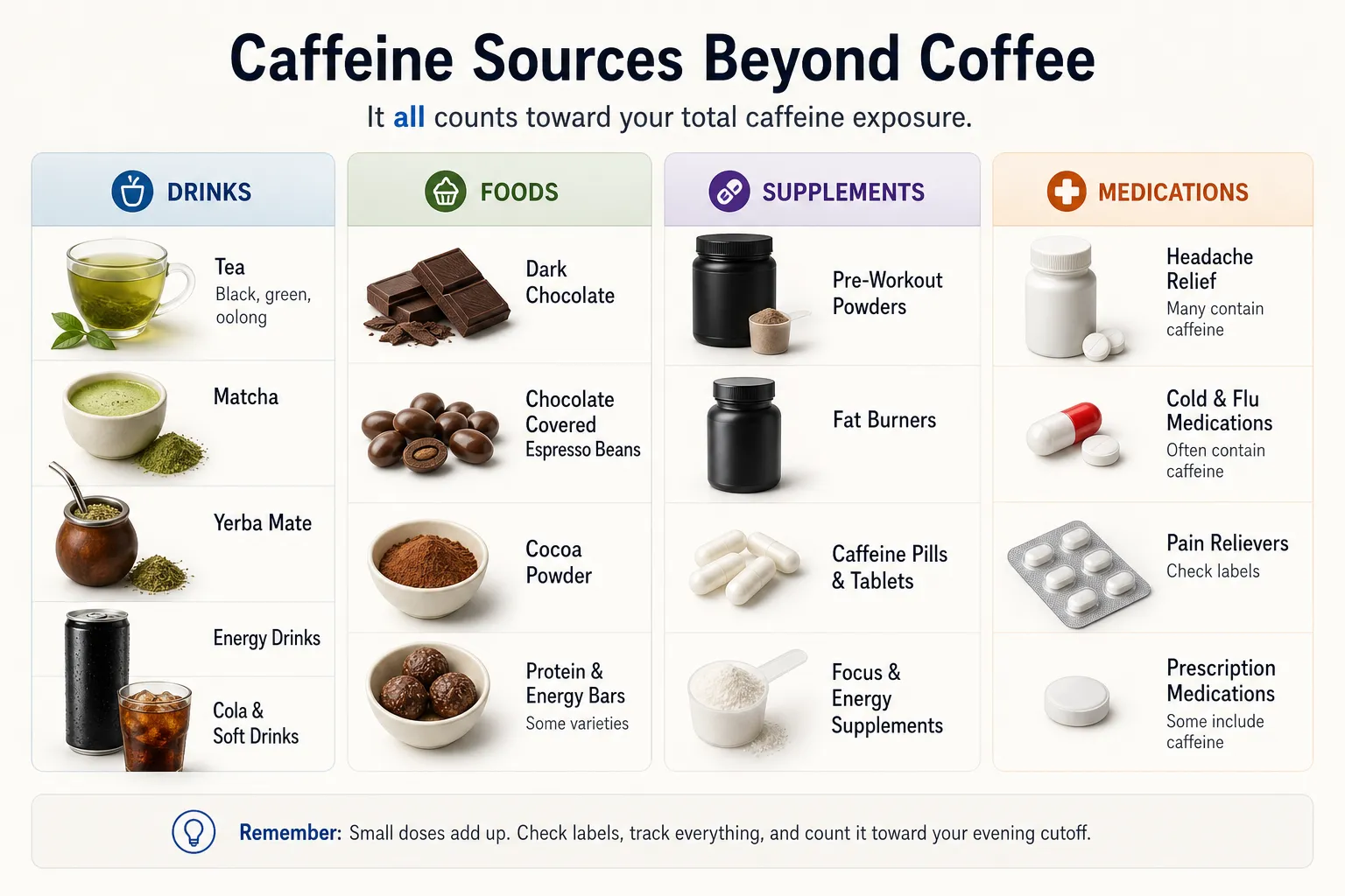 Infographic showing caffeine sources beyond coffee in drinks, foods, supplements, and medications.