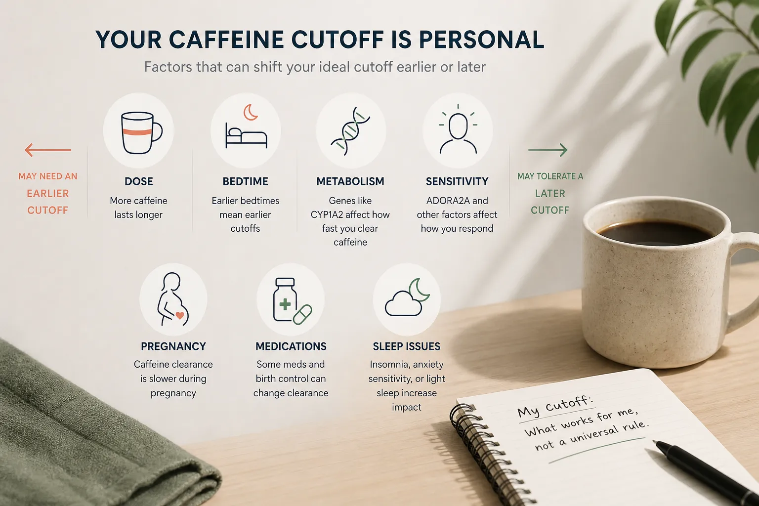 Infographic showing factors that affect a personal caffeine cutoff, beside a coffee mug and notebook.