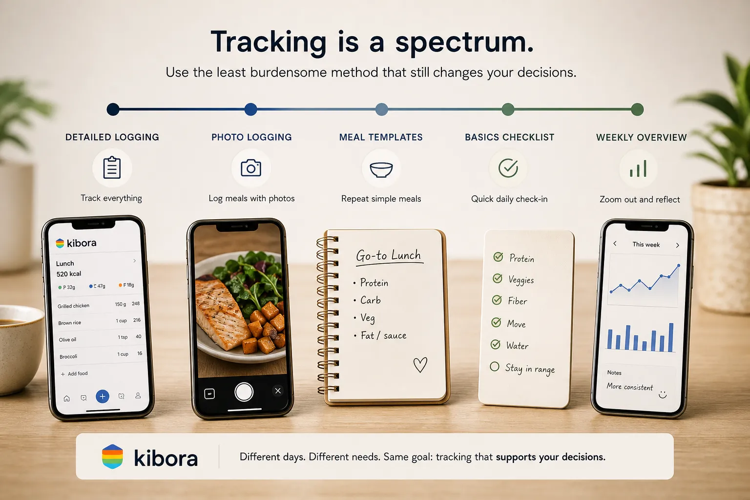 Infographic showing five tracking methods from detailed logging to weekly overview with phones and notebooks.
