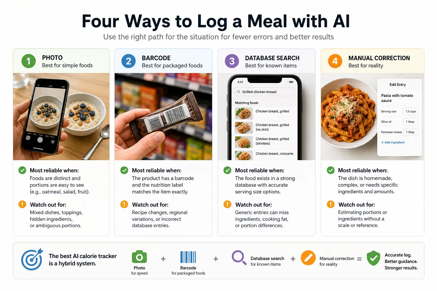Infographic showing four ways to log a meal with AI: photo, barcode, database search, and manual correction.