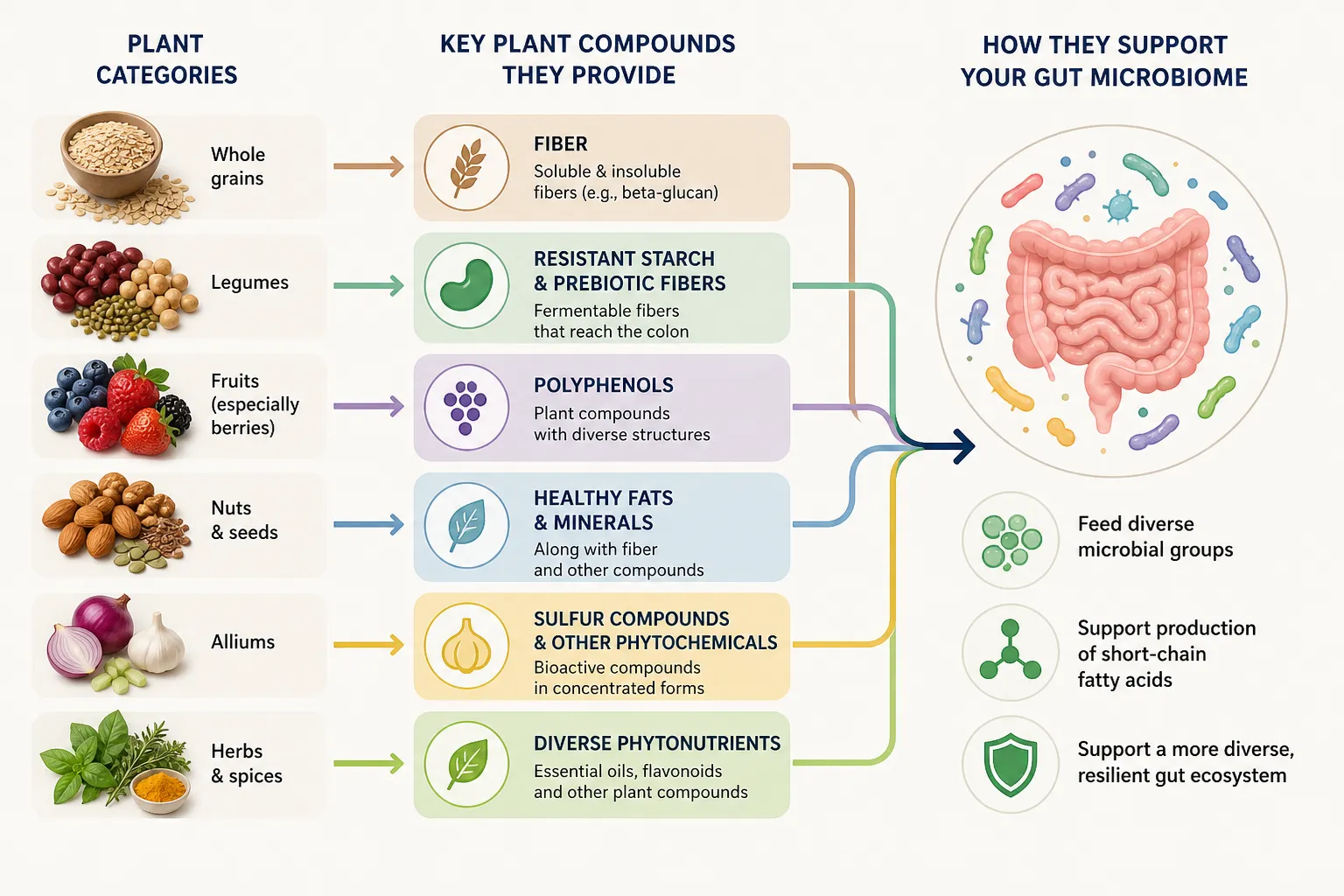 Infographic showing plant categories, their compounds, and a gut with microbes.