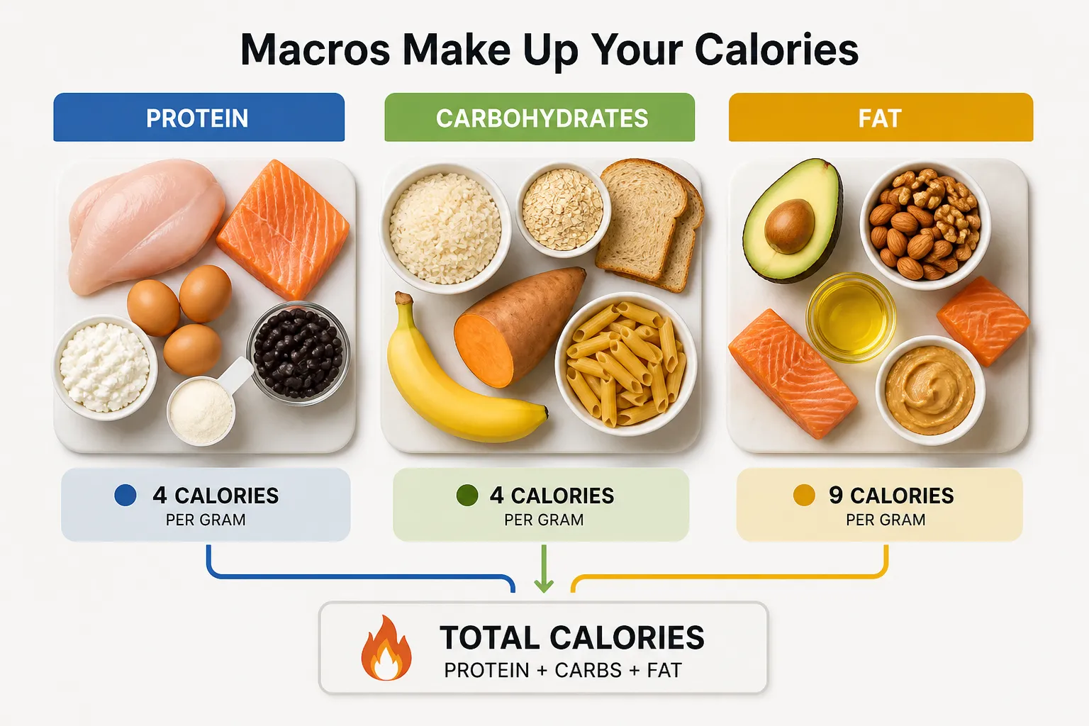 Macros make up your calories infographic Infographic showing protein, carbohydrates, and fat foods with calorie values per gram and total calories.