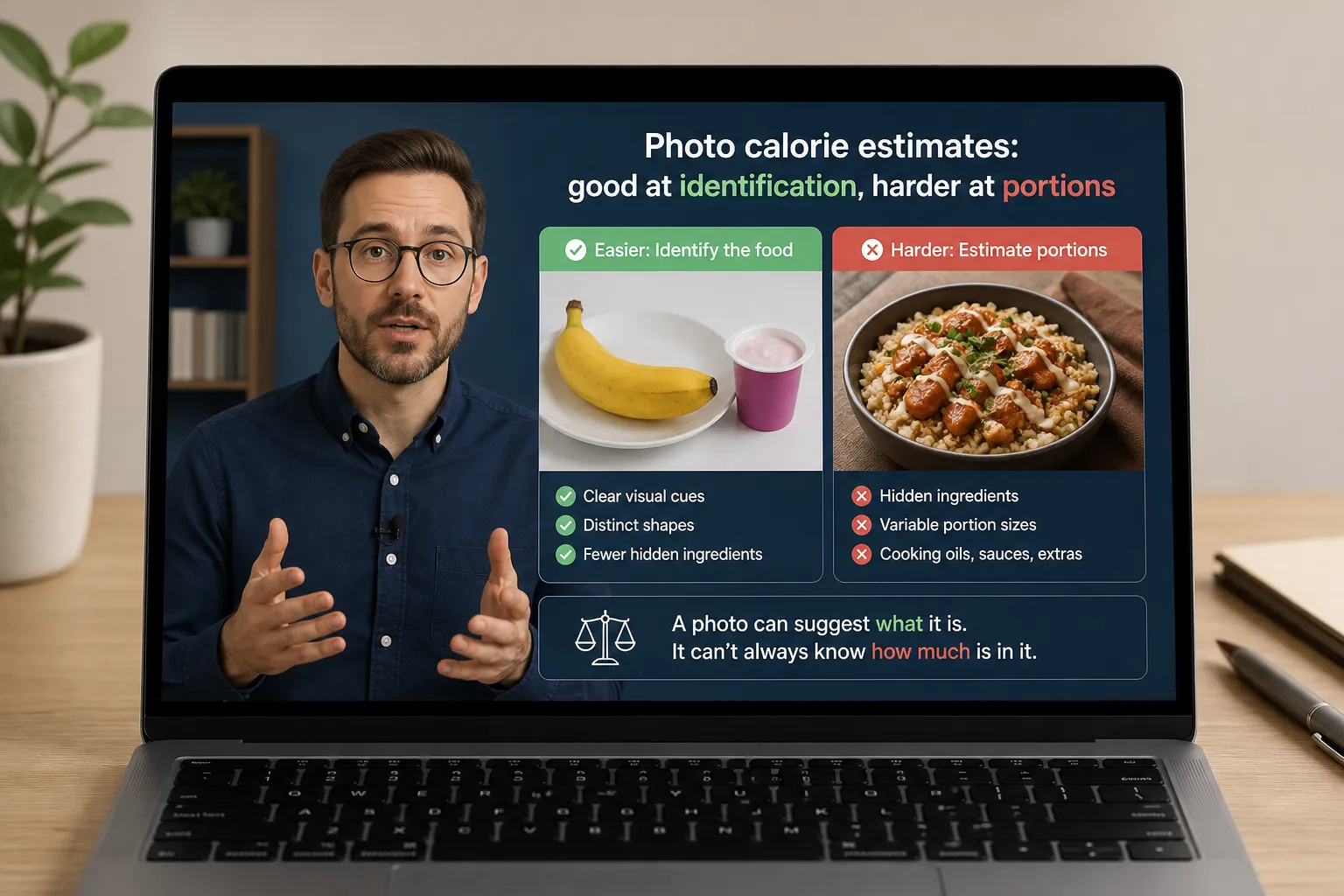 Laptop screen shows a presenter beside a slide comparing easy food identification with harder portion estimation.