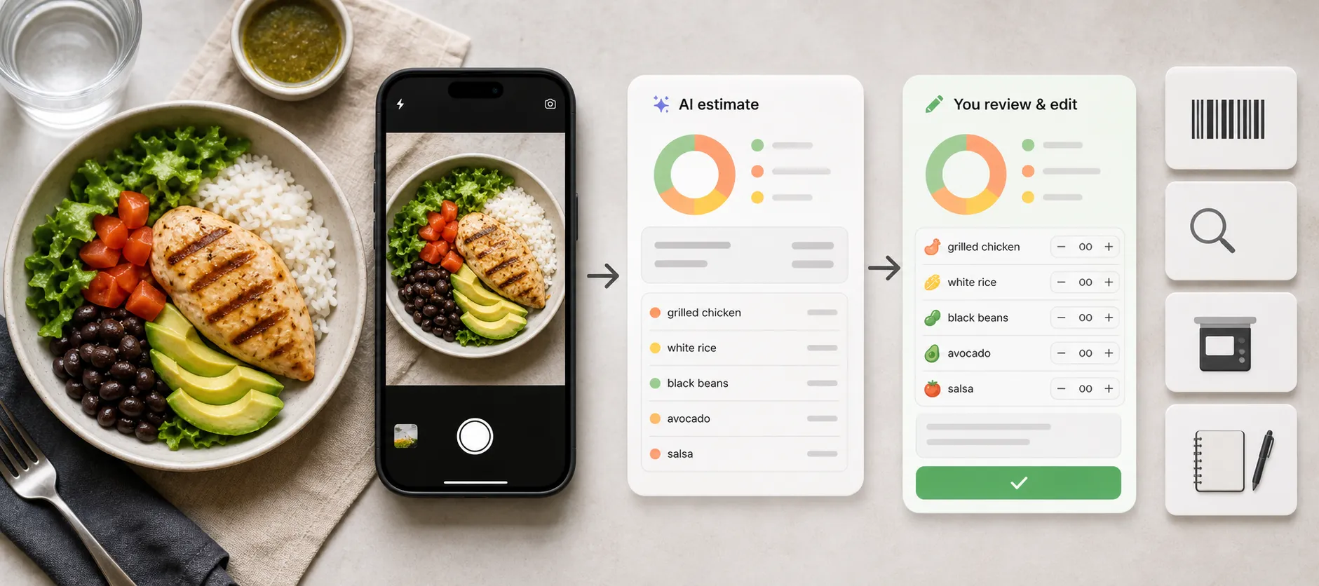 Meal bowl beside a phone showing a food photo and AI estimate cards with editable ingredients