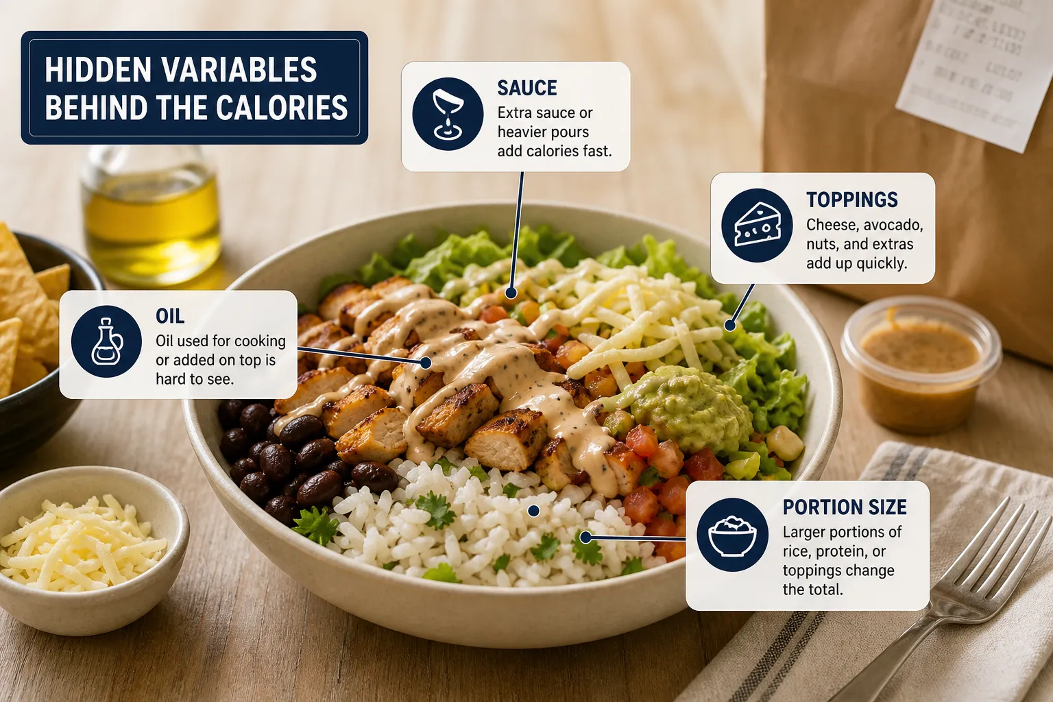 Meal bowl with rice, chicken, beans, lettuce, avocado, cheese, and sauce, with labels for hidden calories.