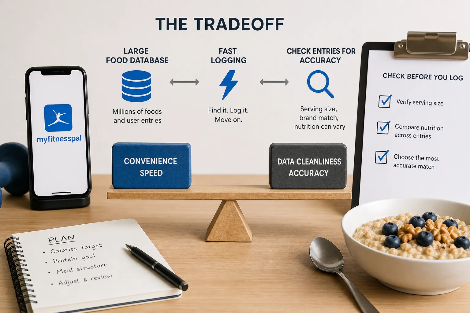 MyFitnessPal phone beside a balance scale, meal plan notebook, and a bowl of cereal under a tradeoff graphic.