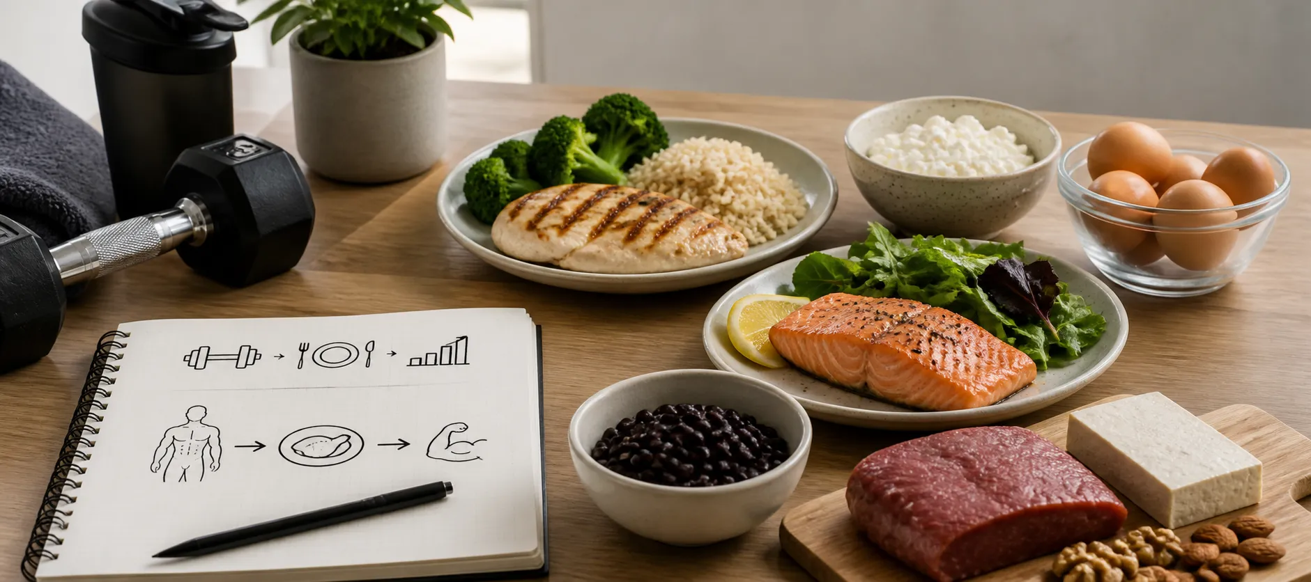 Notebook with workout doodles beside dumbbells and plates of chicken, salmon, eggs, beans, tofu, and cottage cheese