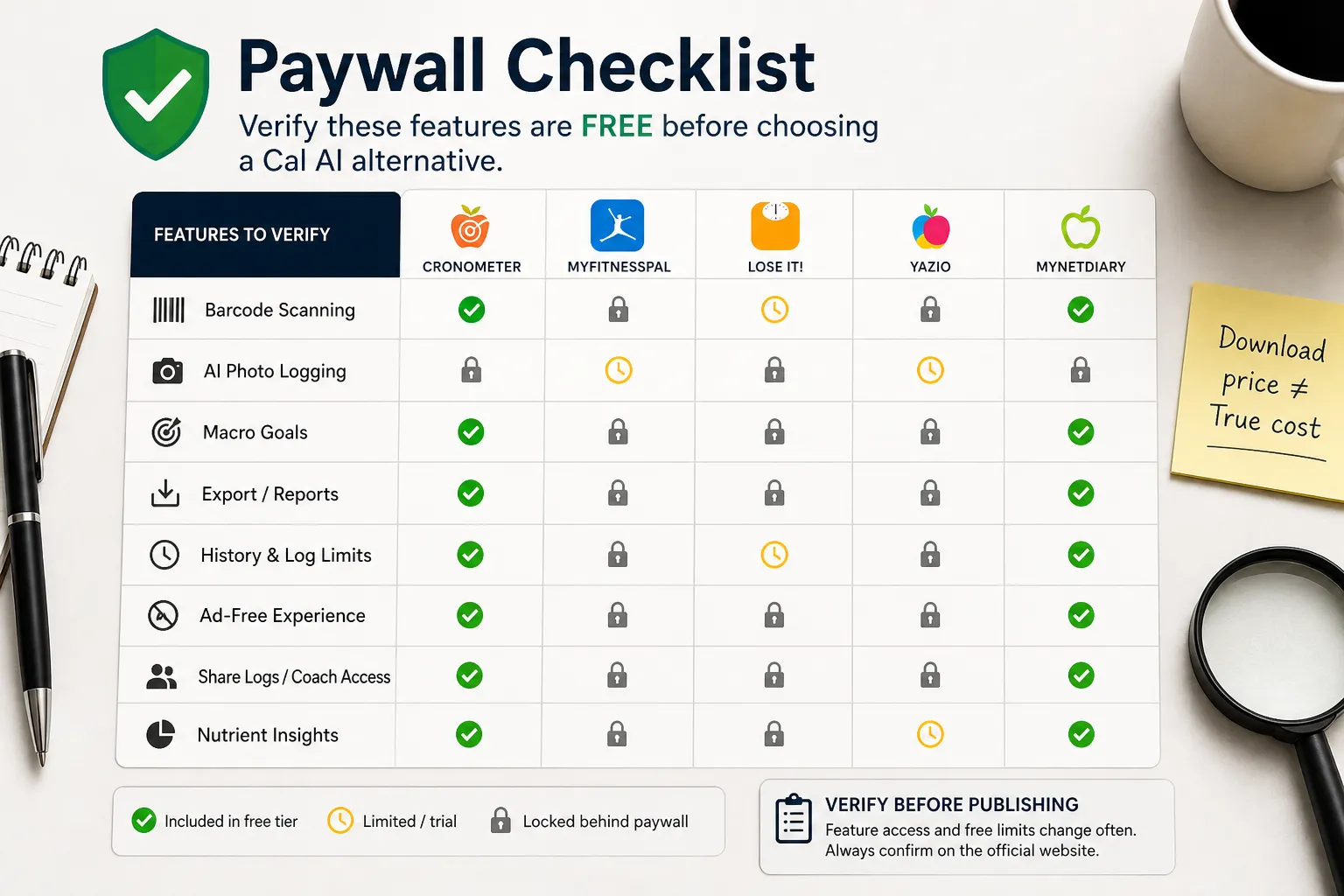 Paywall checklist comparing free features across Cal AI alternatives