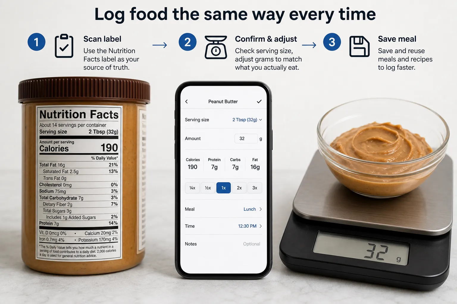 Peanut butter label and food logging setup Peanut butter jar, smartphone logging app, and bowl on a scale showing 32 g.
