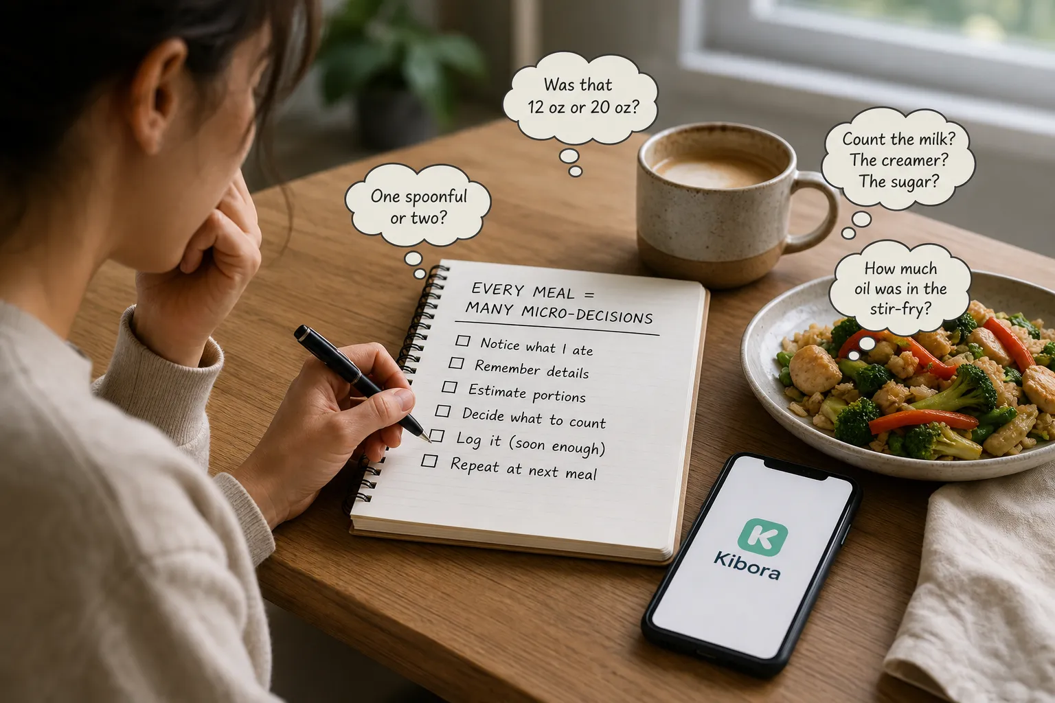 Person at a table looking at a notebook, phone, coffee, and a bowl of stir-fry with thought bubbles about counting food.