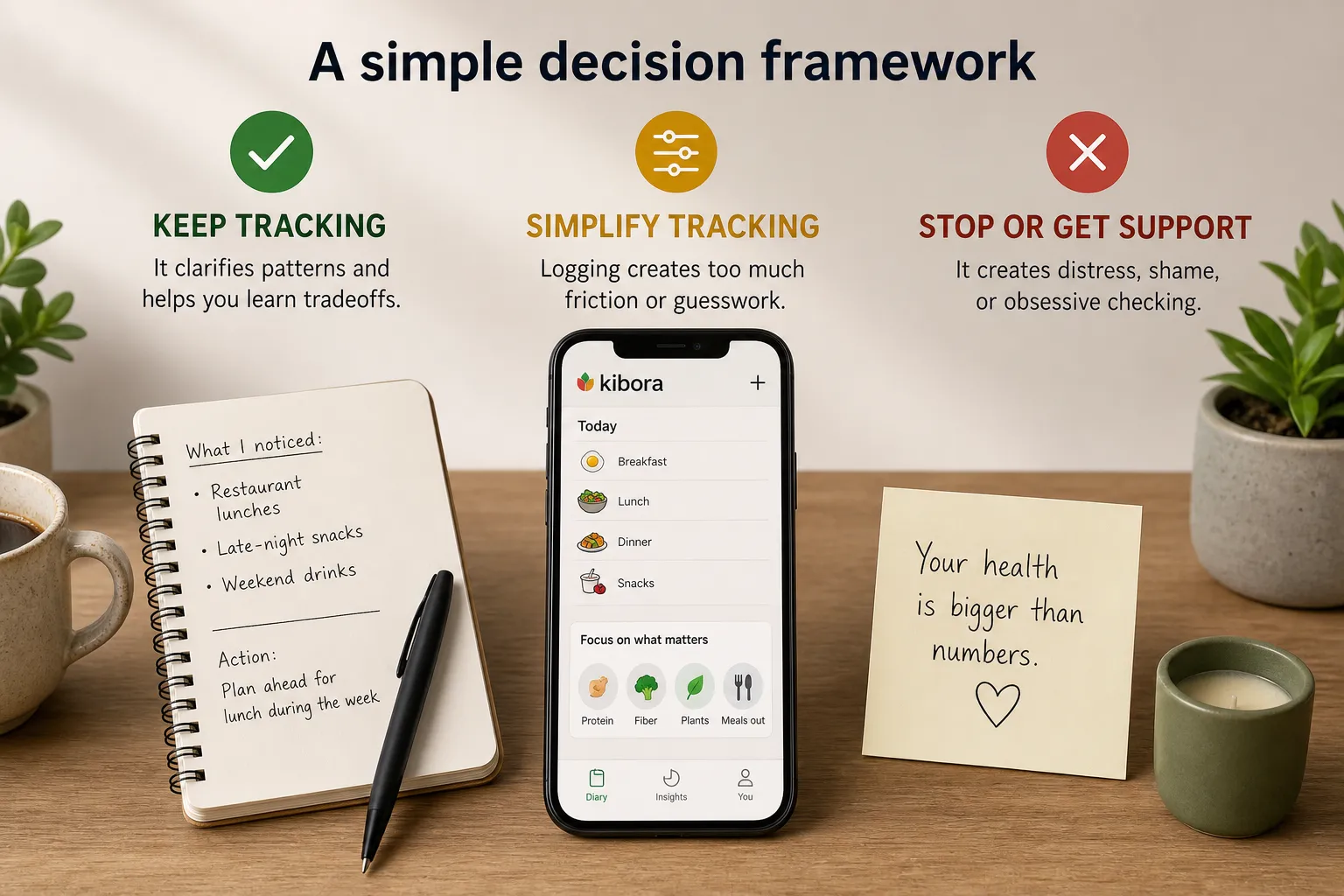 Phone displaying a food-tracking app beside a notebook and a note reading “Your health is bigger than numbers.”