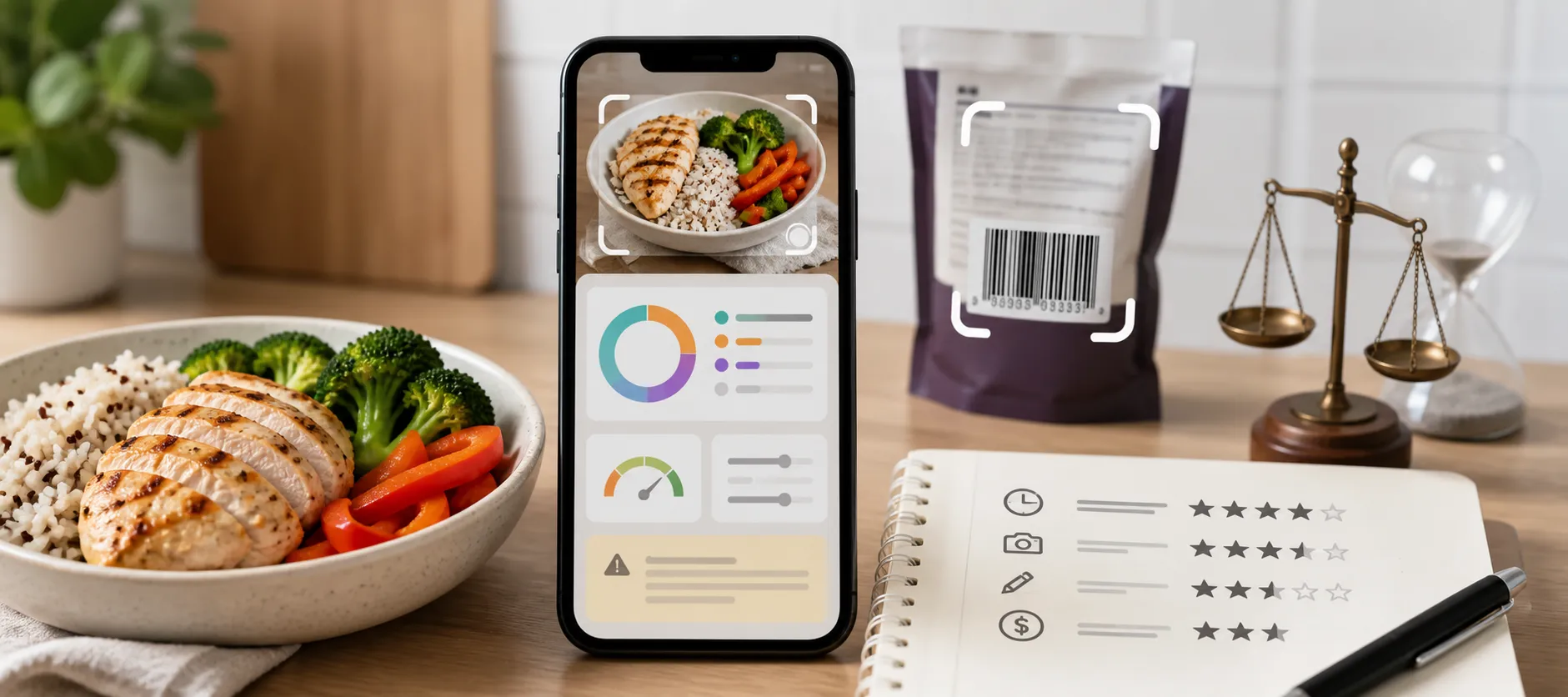 Phone scanning a bowl of chicken, rice, broccoli, and carrots beside a package and rating notebook.
