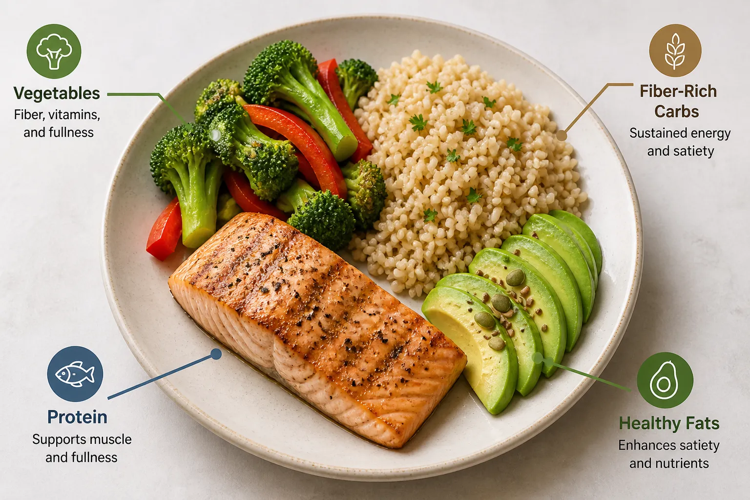 Plate with salmon, broccoli, brown rice, avocado slices, and red pepper, with nutrition labels around it.