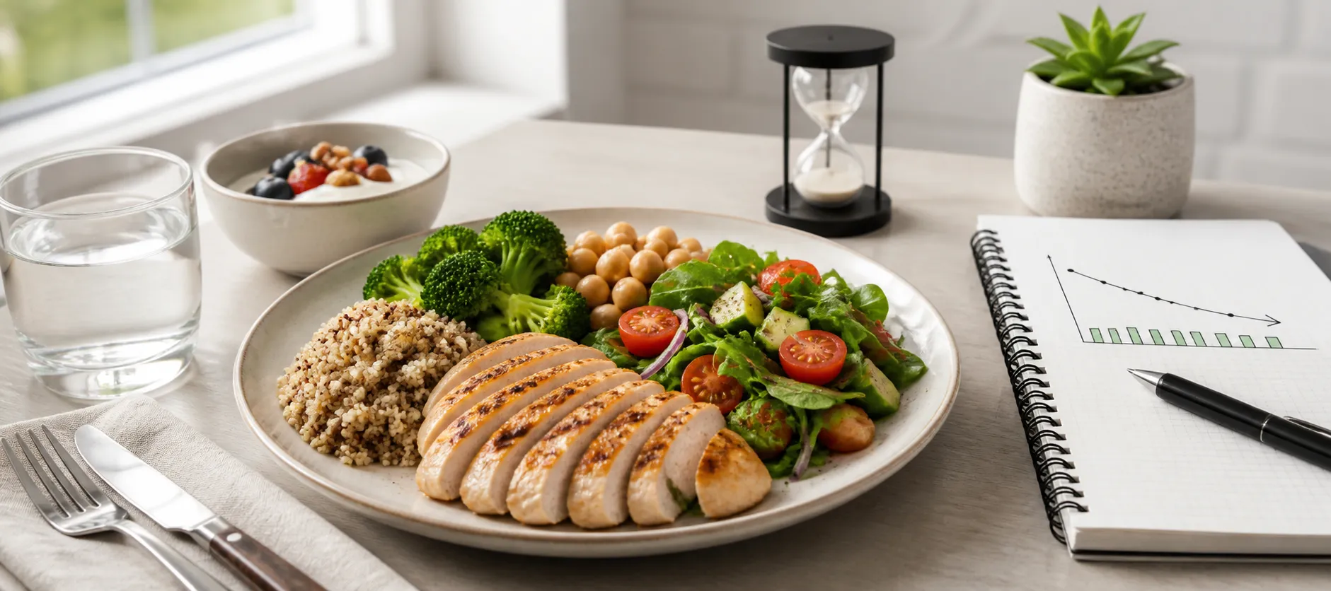 Plate with sliced chicken, broccoli, quinoa, chickpeas, and salad beside a notebook with a downward chart.