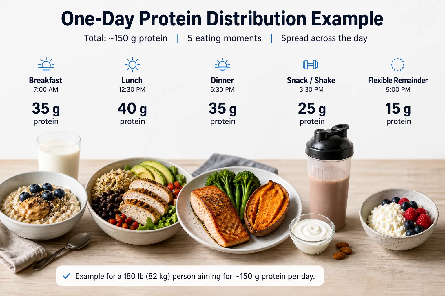 Protein distribution chart showing five meals with food bowls, a shake, and grams of protein for each.