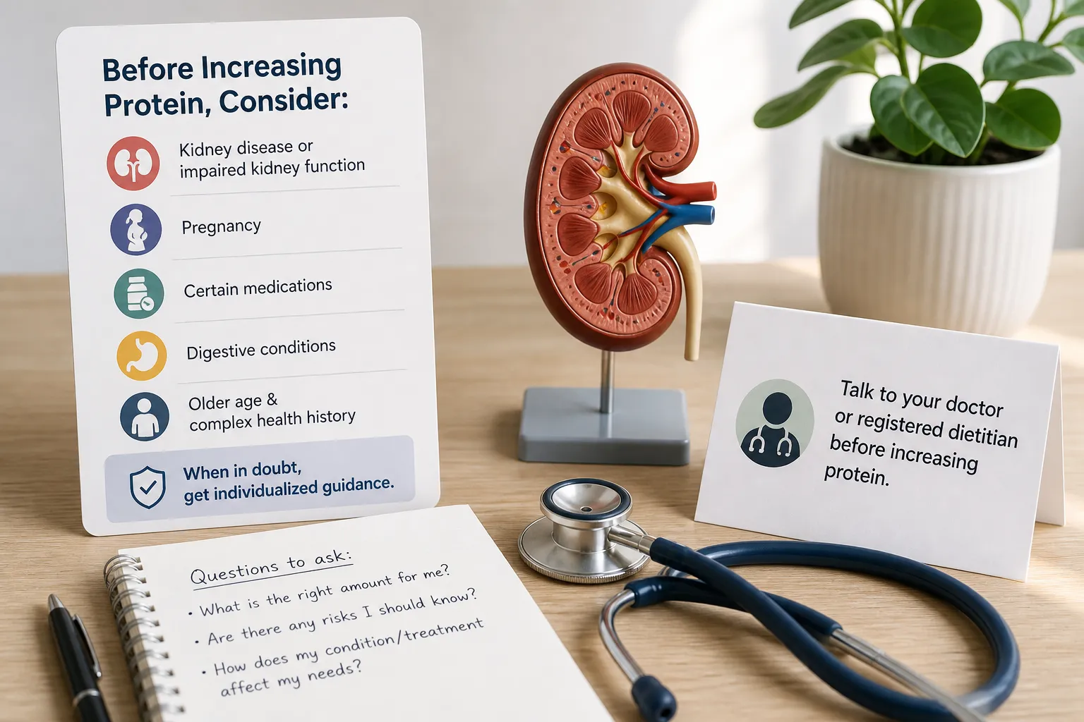 Protein guidance cards beside a kidney model, stethoscope, and notebook with questions.
