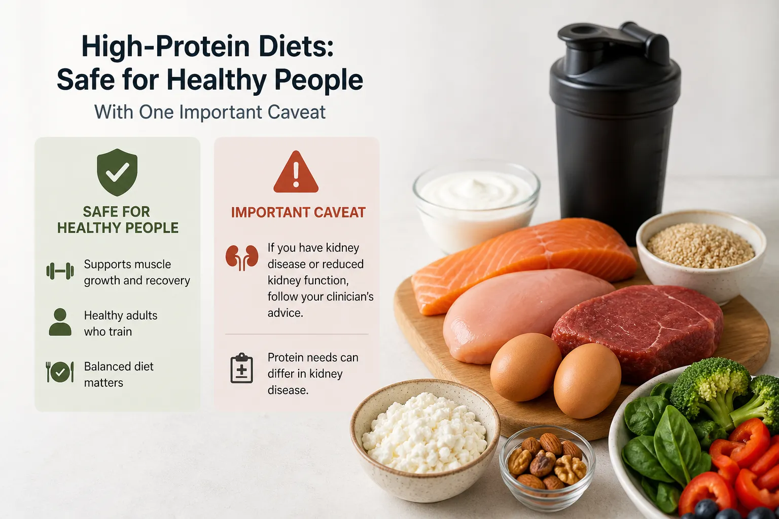 Protein-rich foods, a shaker bottle, and safety/caveat text about high-protein diets