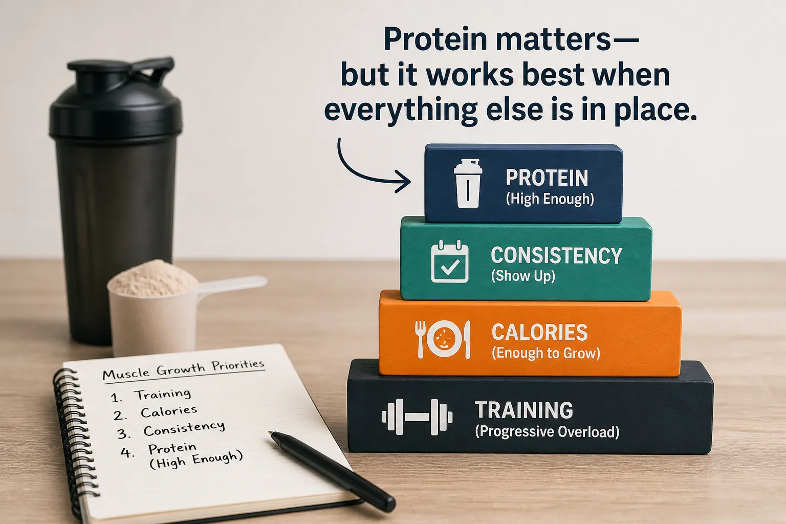 Protein shaker, powder scoop, and blocks labeled training, calories, consistency, and protein.