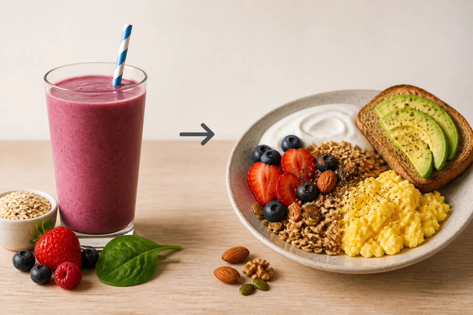Purple smoothie with a striped straw beside a bowl of avocado toast, eggs, granola, fruit, and nuts.