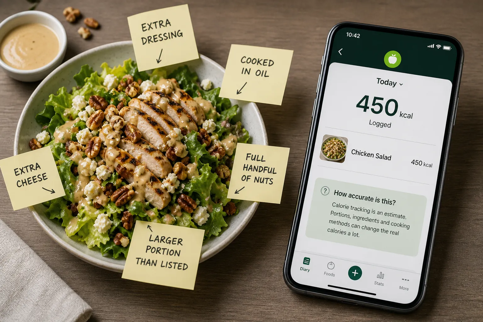 Salad bowl and calorie tracking app Salad bowl with labeled add-ins beside a phone showing 450 kcal logged in a calorie app