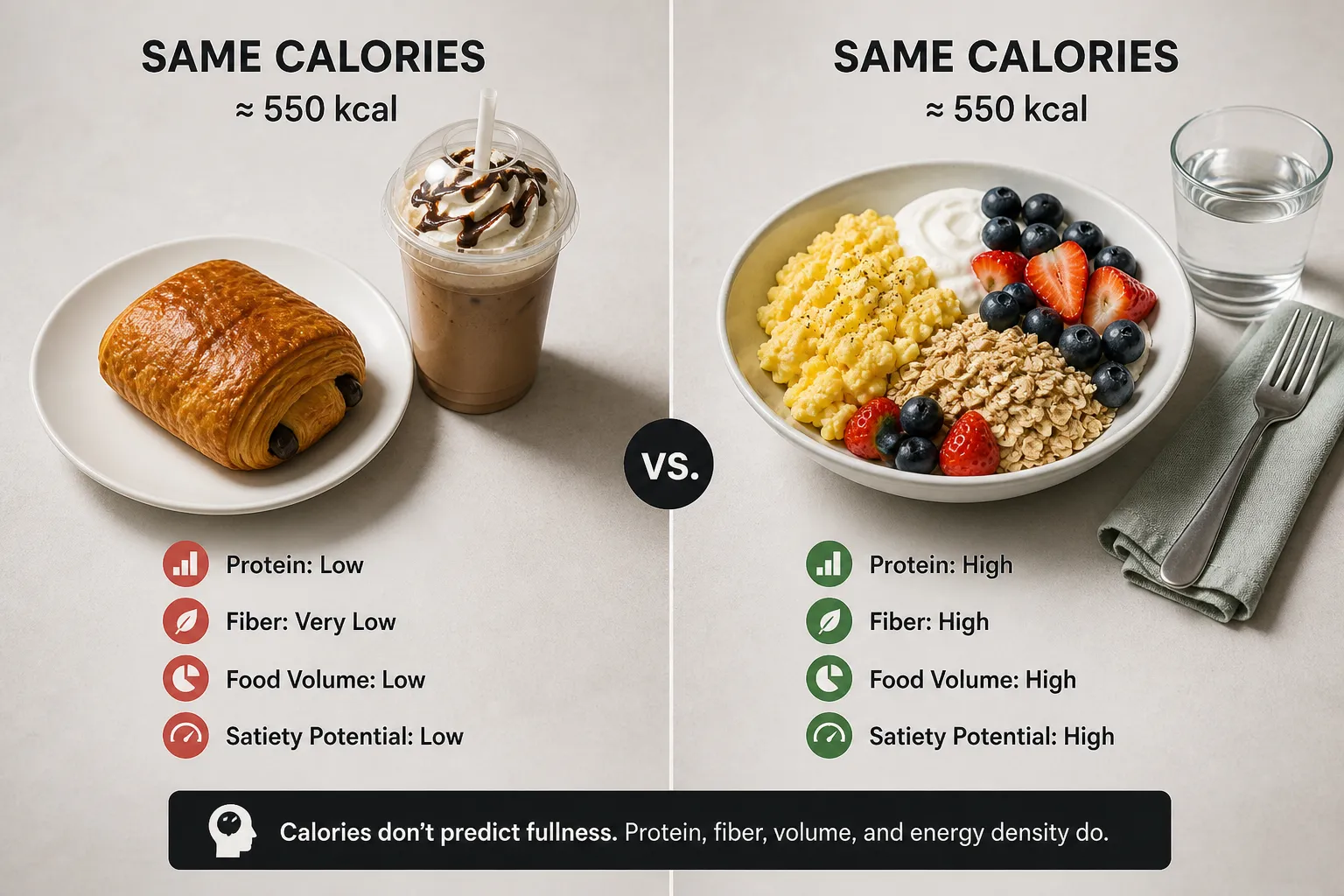 550-calorie food comparison Side-by-side comparison of a pastry and smoothie versus eggs, oats, fruit, and water, both labeled 550 kcal.