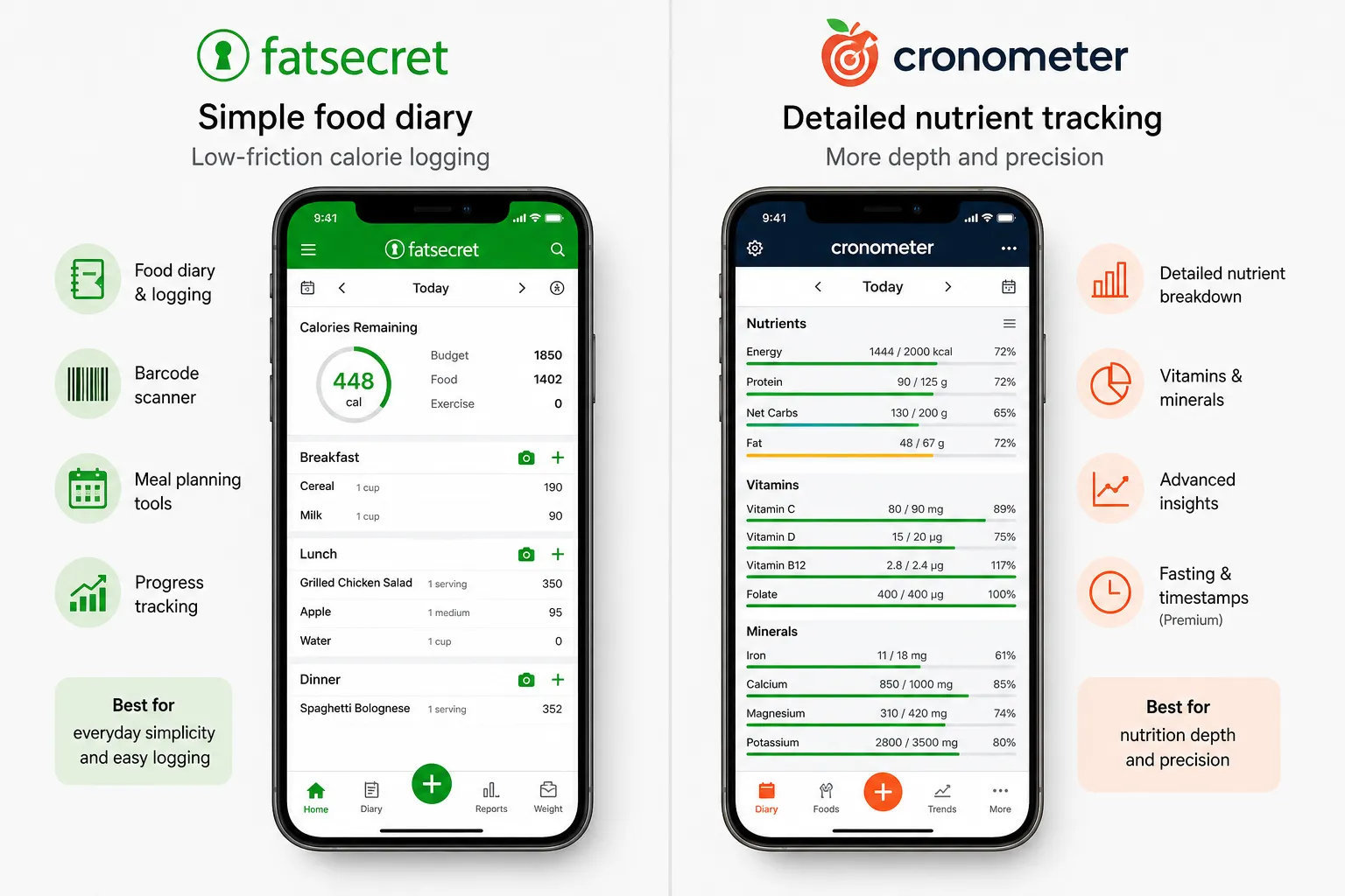 Side-by-side comparison of FatSecret and Cronometer app screens with feature icons and labels.
