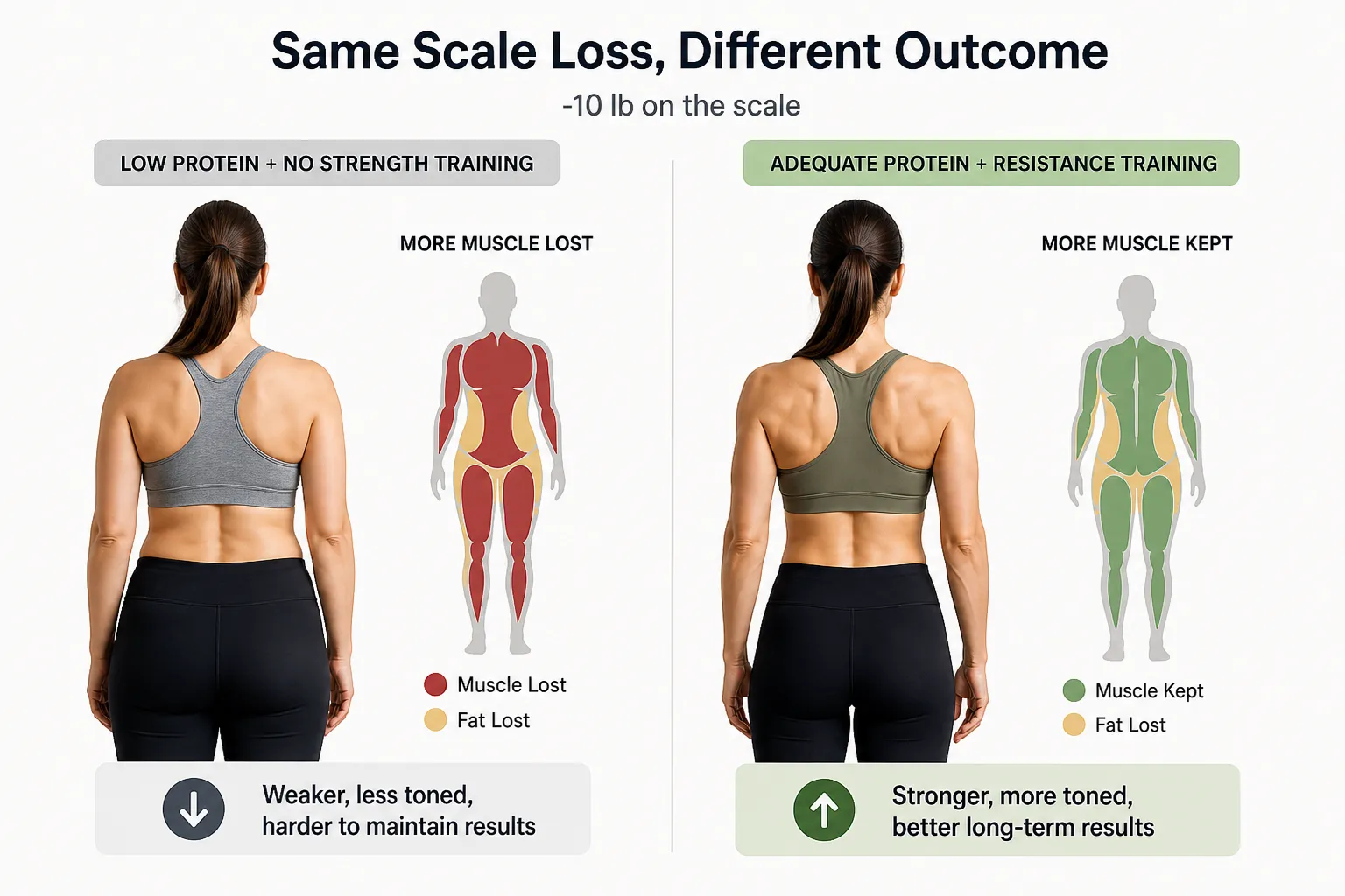 Side-by-side fitness infographic comparing more muscle lost with low protein versus more muscle kept with adequate protein.