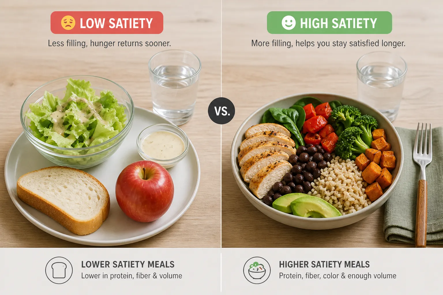 Side-by-side meals comparing low satiety food and a more filling balanced bowl.