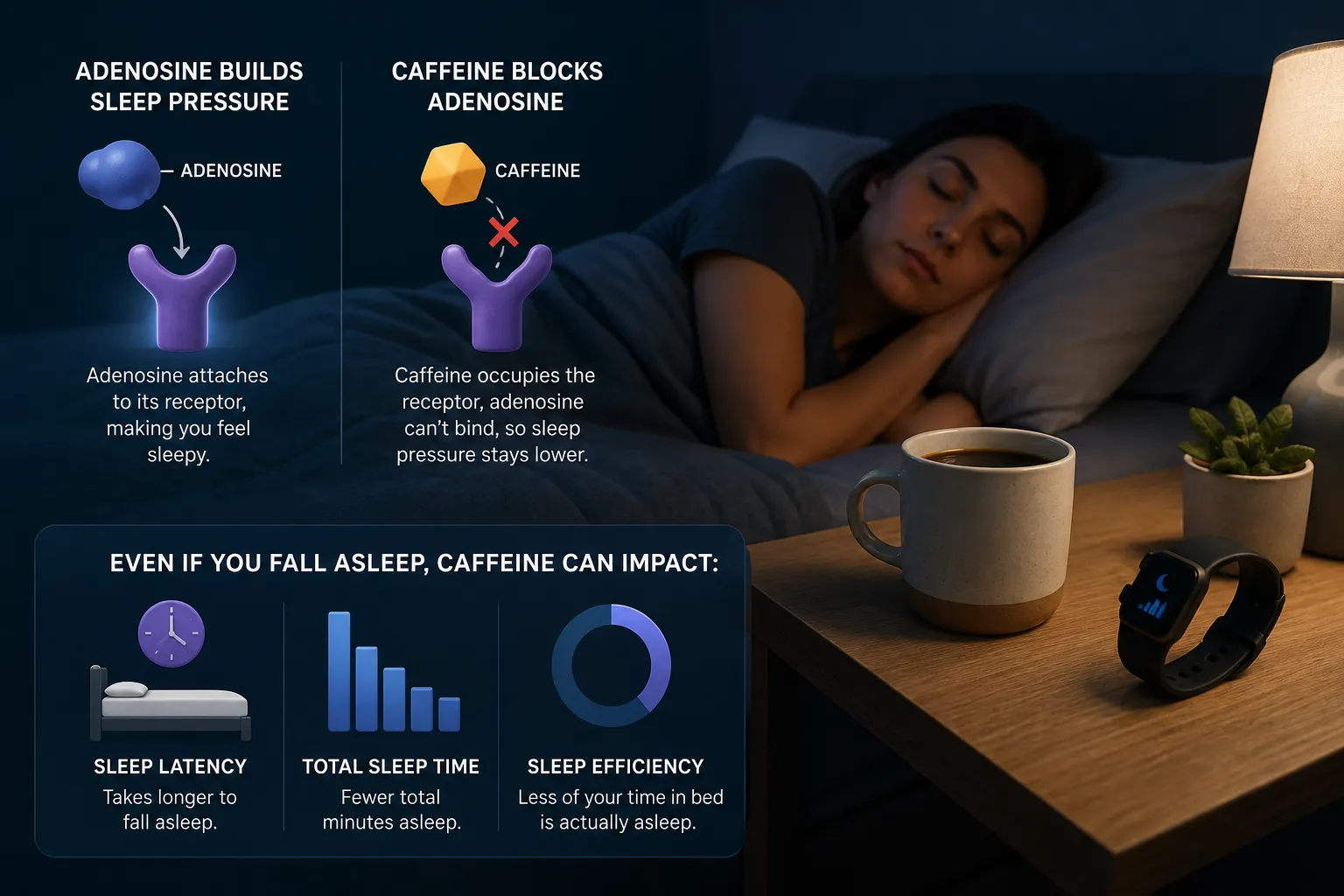 Sleeping woman beside a bedside table with coffee, a lamp, a plant, and a smartwatch; sleep and caffeine infographic overlays.