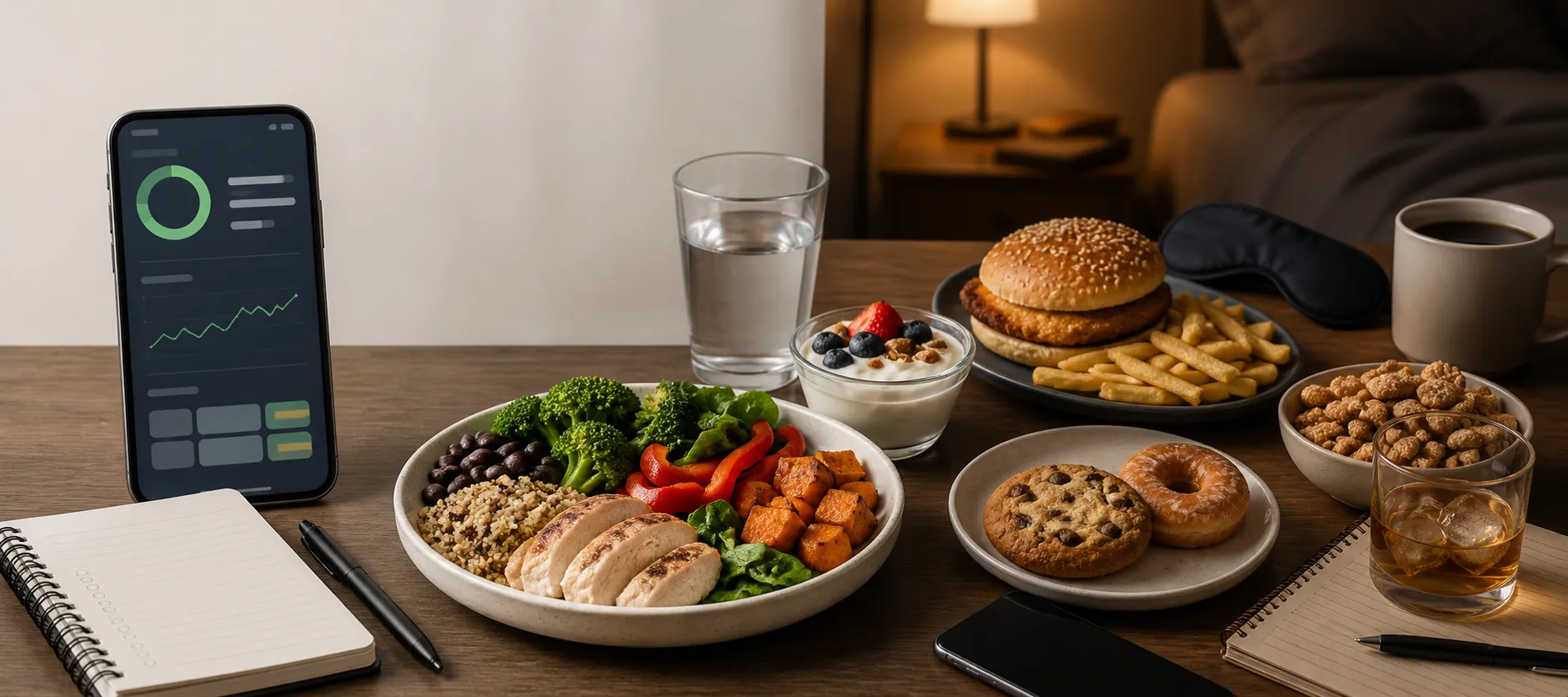 Smartphone calorie tracking screen beside a table of mixed meals, snacks, coffee, and water.