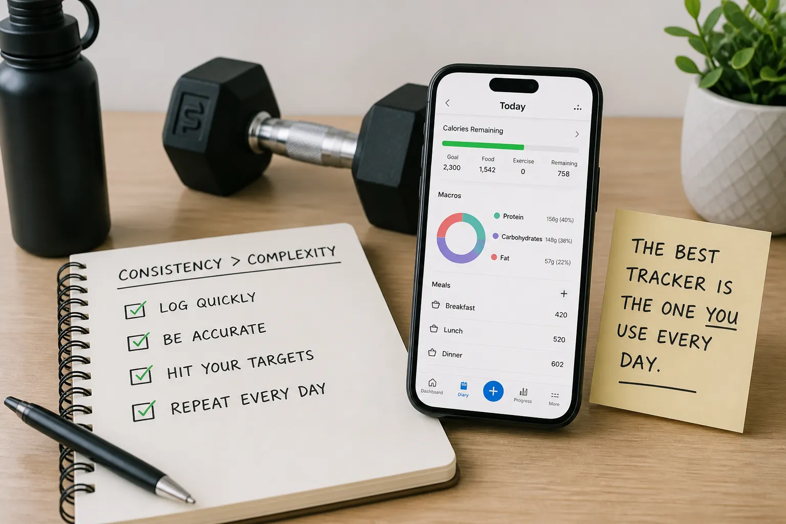 Smartphone showing a calorie and macro tracking app beside a notebook, dumbbell, and motivational note.
