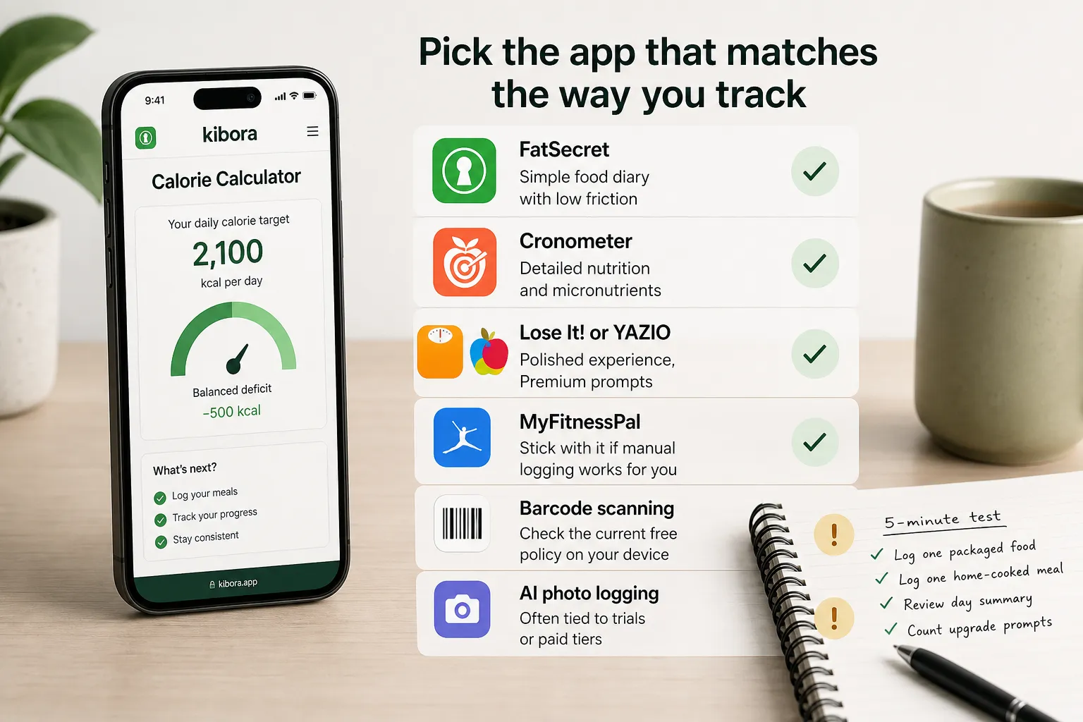 Smartphone showing a calorie calculator next to a list of calorie tracking apps and features.