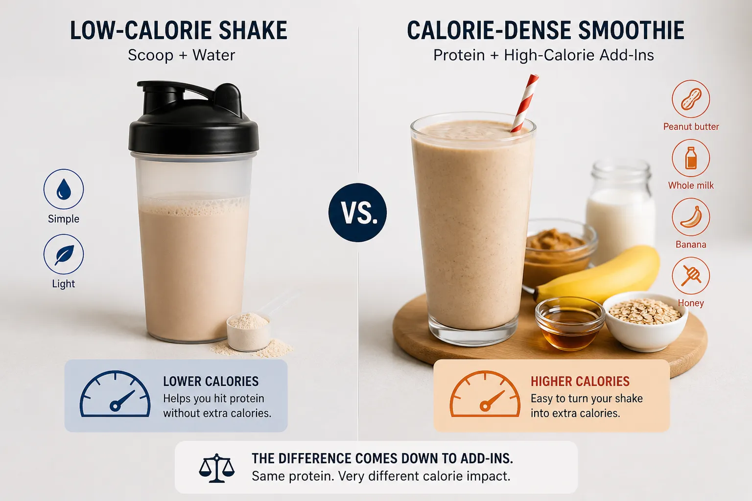 Low-calorie shake vs calorie-dense smoothie Split comparison of a low-calorie protein shake and a calorie-dense smoothie with add-ins.