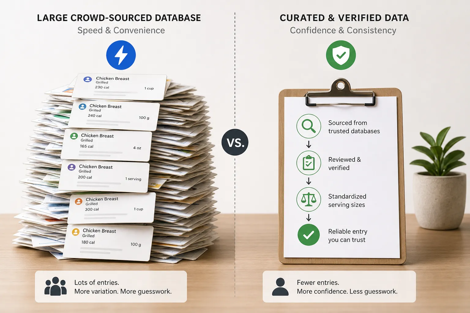 Crowd-sourced vs verified food database comparison Split graphic comparing a stack of crowded food entries with a clipboard of verified database steps.