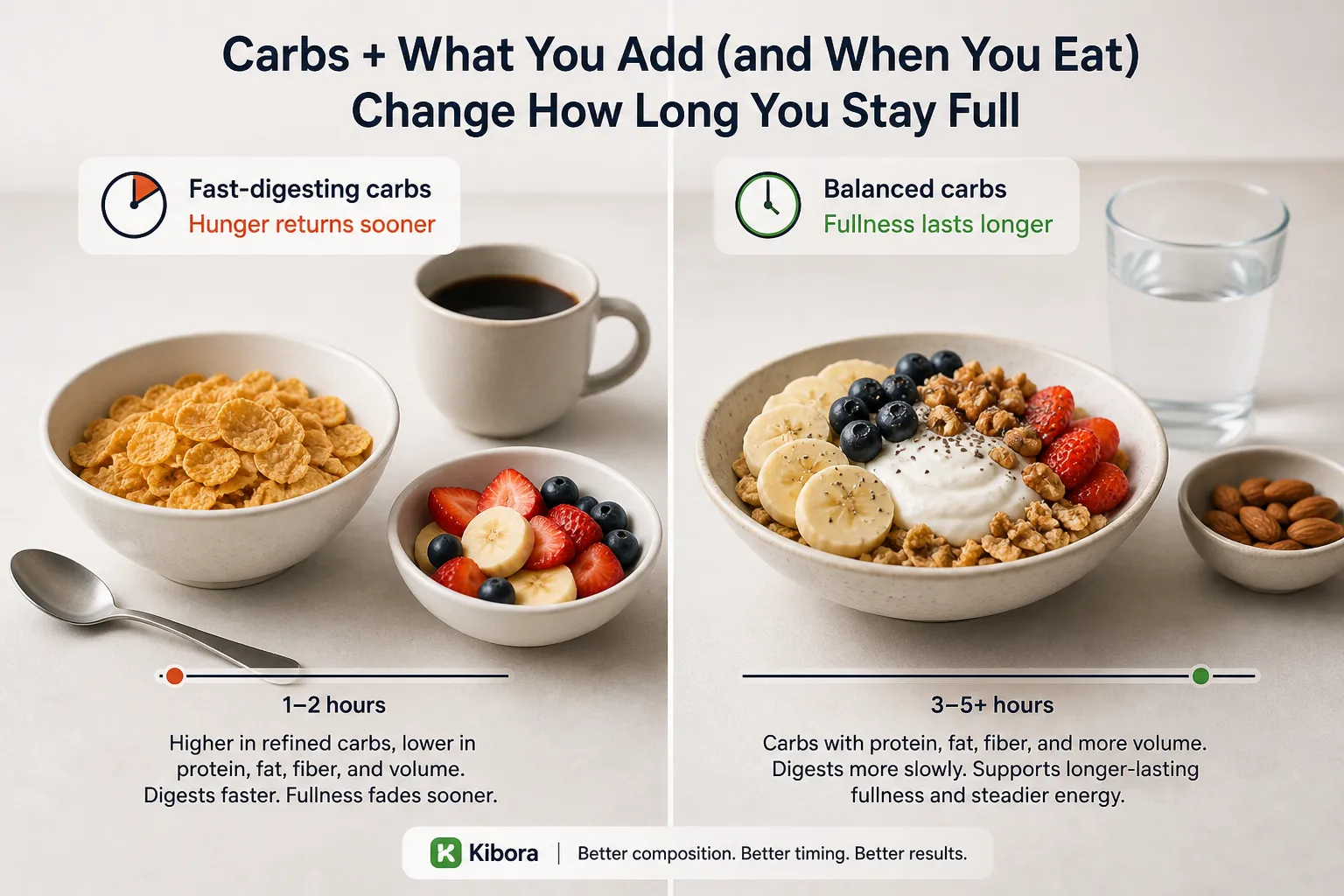 Split graphic showing a bowl of cereal with coffee beside fruit and a bowl of yogurt with fruit, nuts, and water.