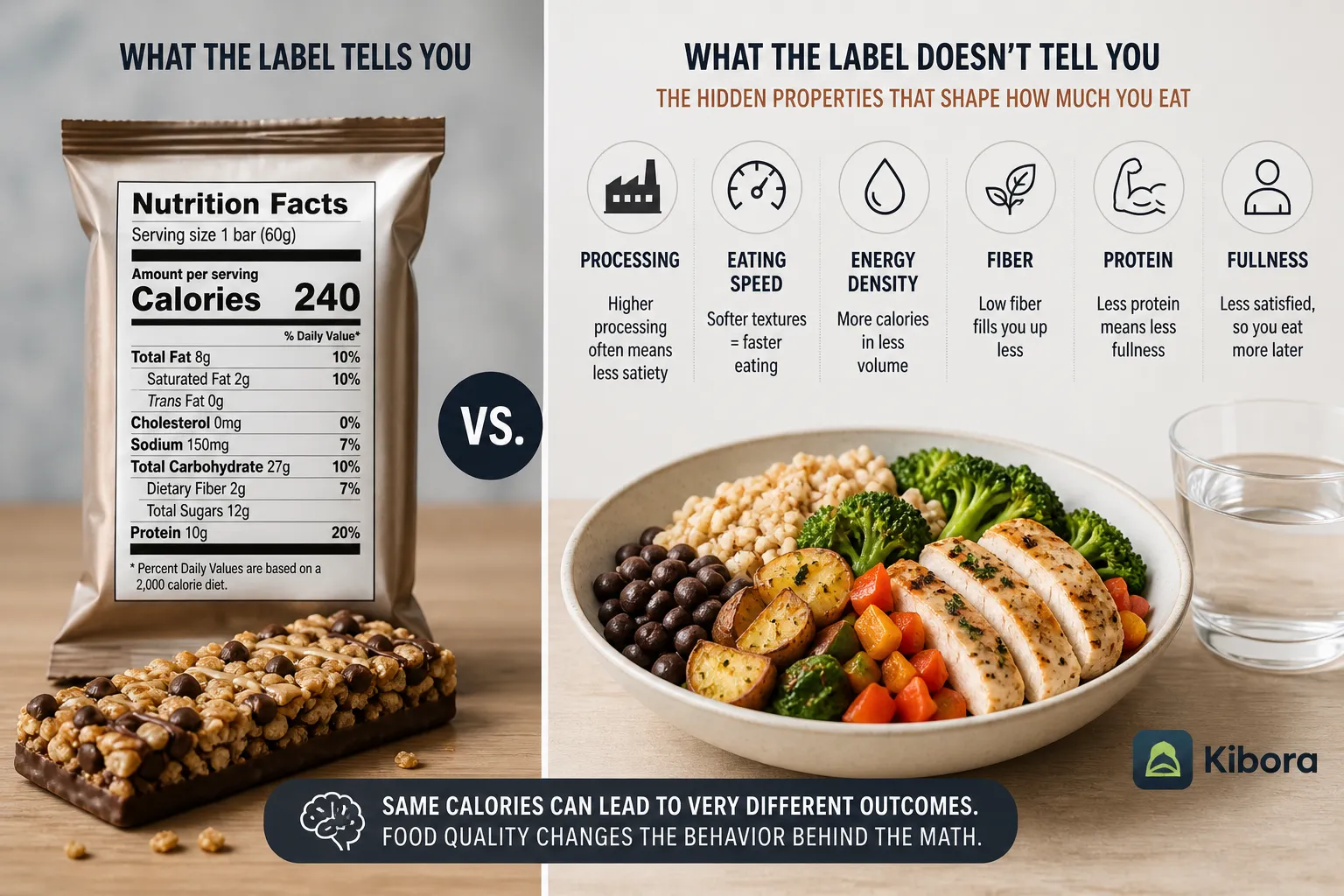 Split image comparing a granola bar with Nutrition Facts and a bowl of chicken, vegetables, and rice with food quality icons.