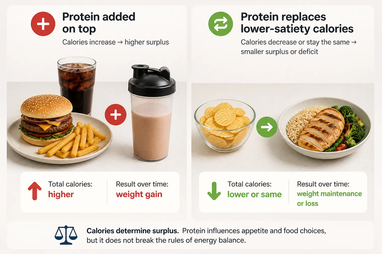 Protein added versus protein replacing other calories infographic Split infographic showing protein added on top versus protein replacing lower-satiety calories.