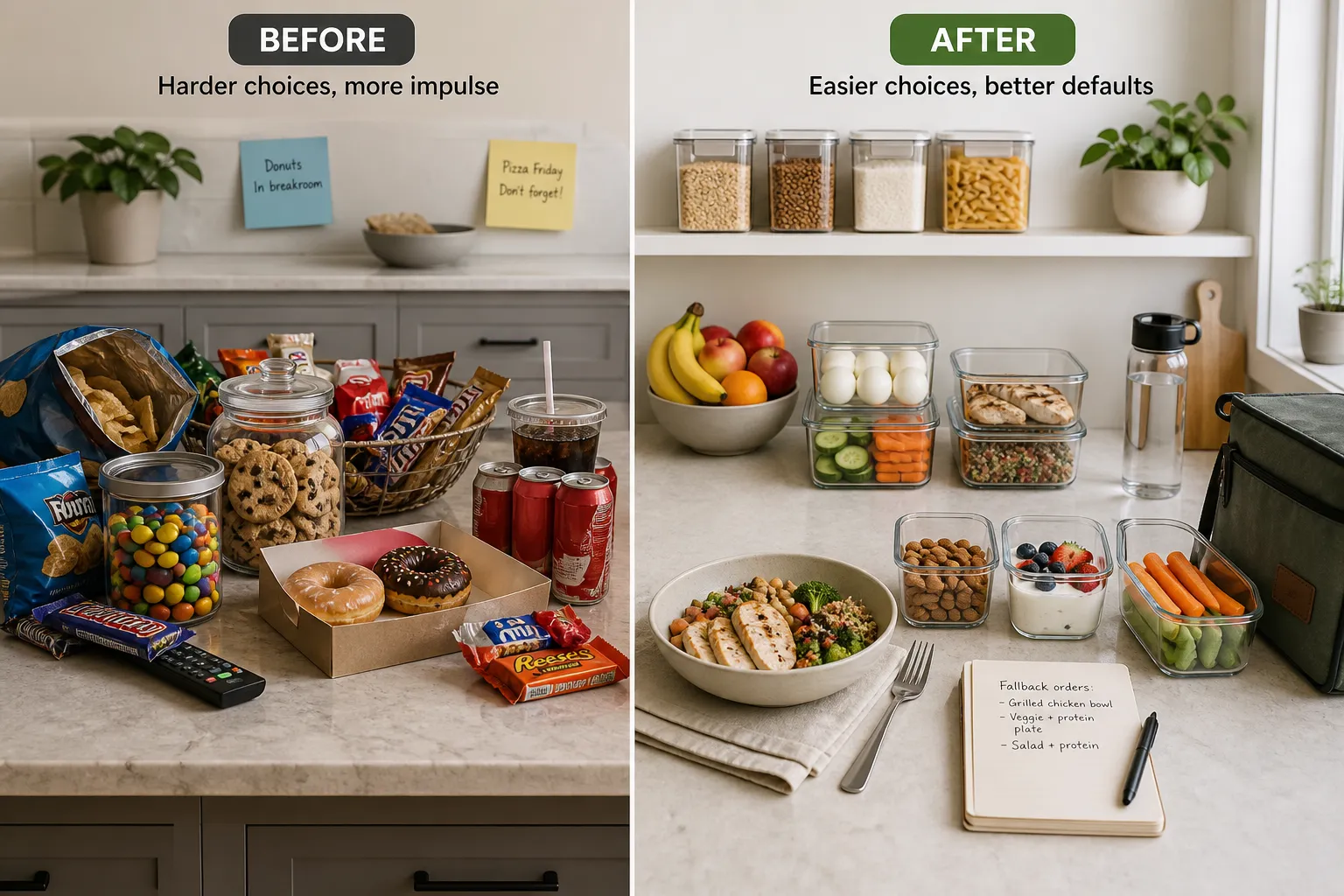 Split kitchen counter scene showing cluttered junk food before and organized healthy meal prep after