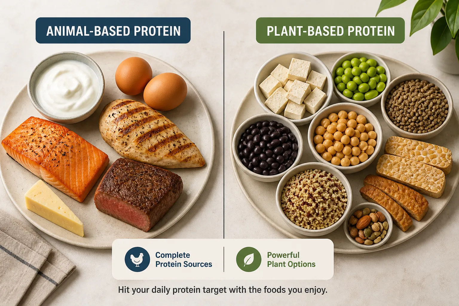 Split plate comparison of animal-based protein foods and plant-based protein foods.